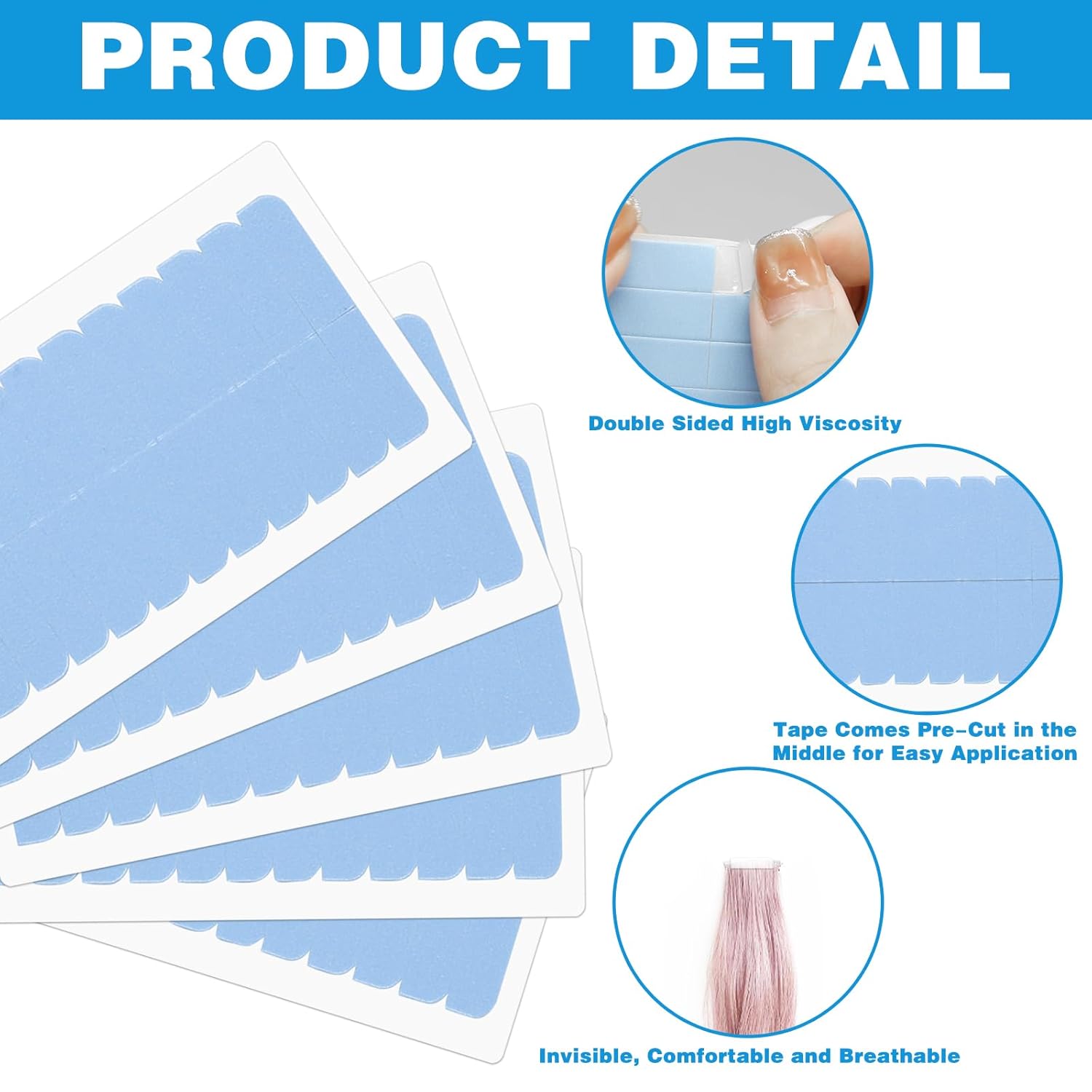 120Pcs Hair Extension Tape Double Sided Hair Tape, Adhesive Replacement Tape for Hair Extensions, Human Hair Tape Tabs Tape in Tape Extension Replacement Wig Tape, Wig Tape Beauty Tools(Blue) - Image 3