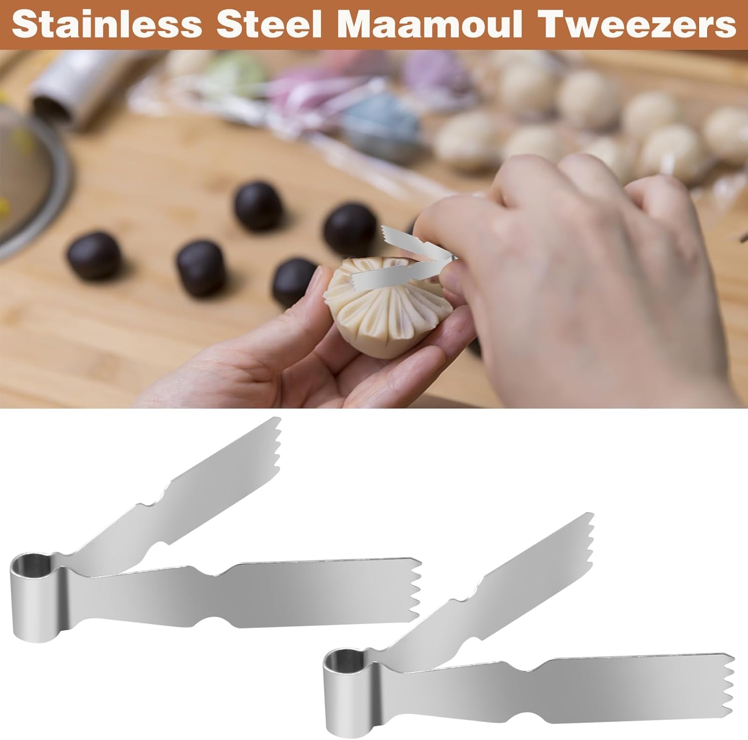 2Pcs Maamoul Tweezers Tongs, Maggash Manqat Pastry Tools Cookie Maker Dough Scraper Press, Stainless Steel Pastry Tongs Baking Crimper Tool for Decorating and Sealing Cookies, Shakarbura, Pie Crusts - Image 3