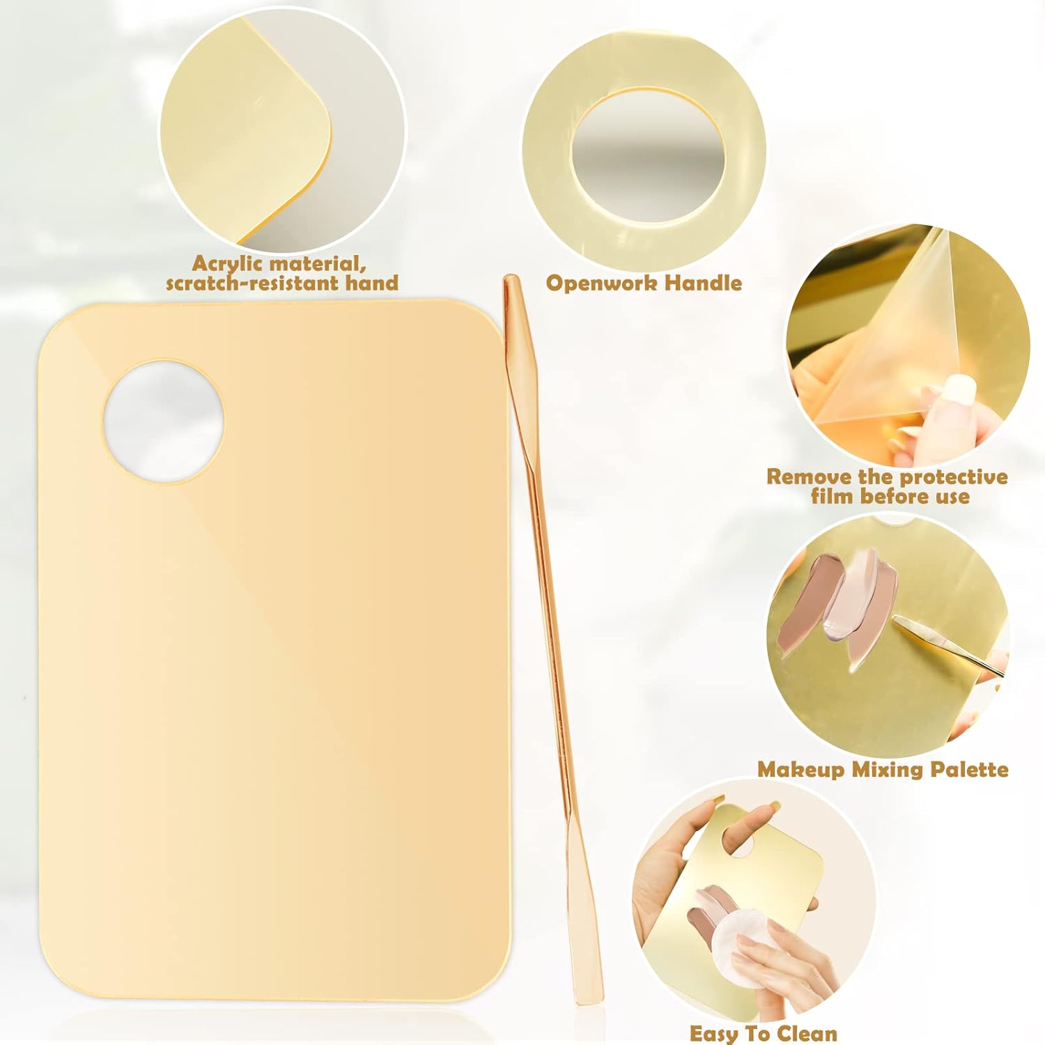 2Pcs Acrylic Makeup Mixing Palette with 2 Pcs Makeup Spatula, Gold Foundation Mixing Tray Cosmetic Palette Mixer for Foundation, Eyeshadow, Lipsticks, Nail Art - Image 2
