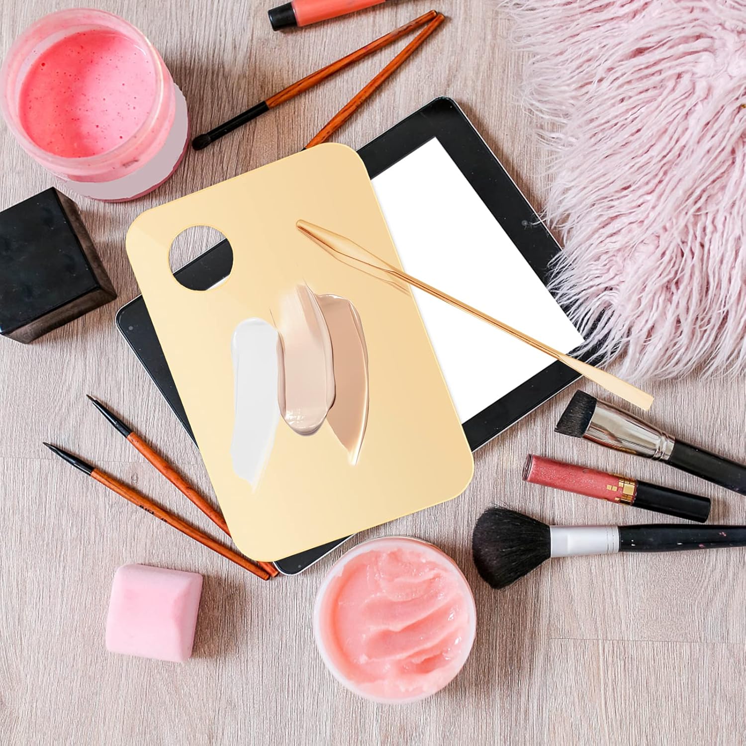 2Pcs Acrylic Makeup Mixing Palette with 2 Pcs Makeup Spatula, Gold Foundation Mixing Tray Cosmetic Palette Mixer for Foundation, Eyeshadow, Lipsticks, Nail Art - Image 3