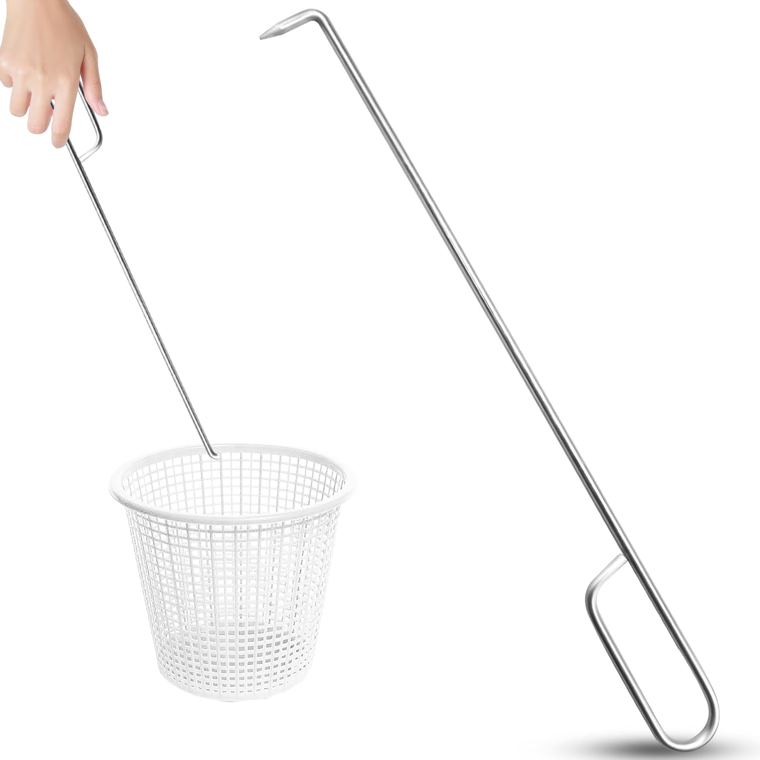 Pool Skimmer Basket Hook Tool, Stainless Steel Pool Skimmer Hook Extended Knee Protection Skimmer Basket Handle for Cleaning Swimming Pool Debris Skimmer Hook, Keep Your Hand Safe Skimmer Basket Hook - Image 1