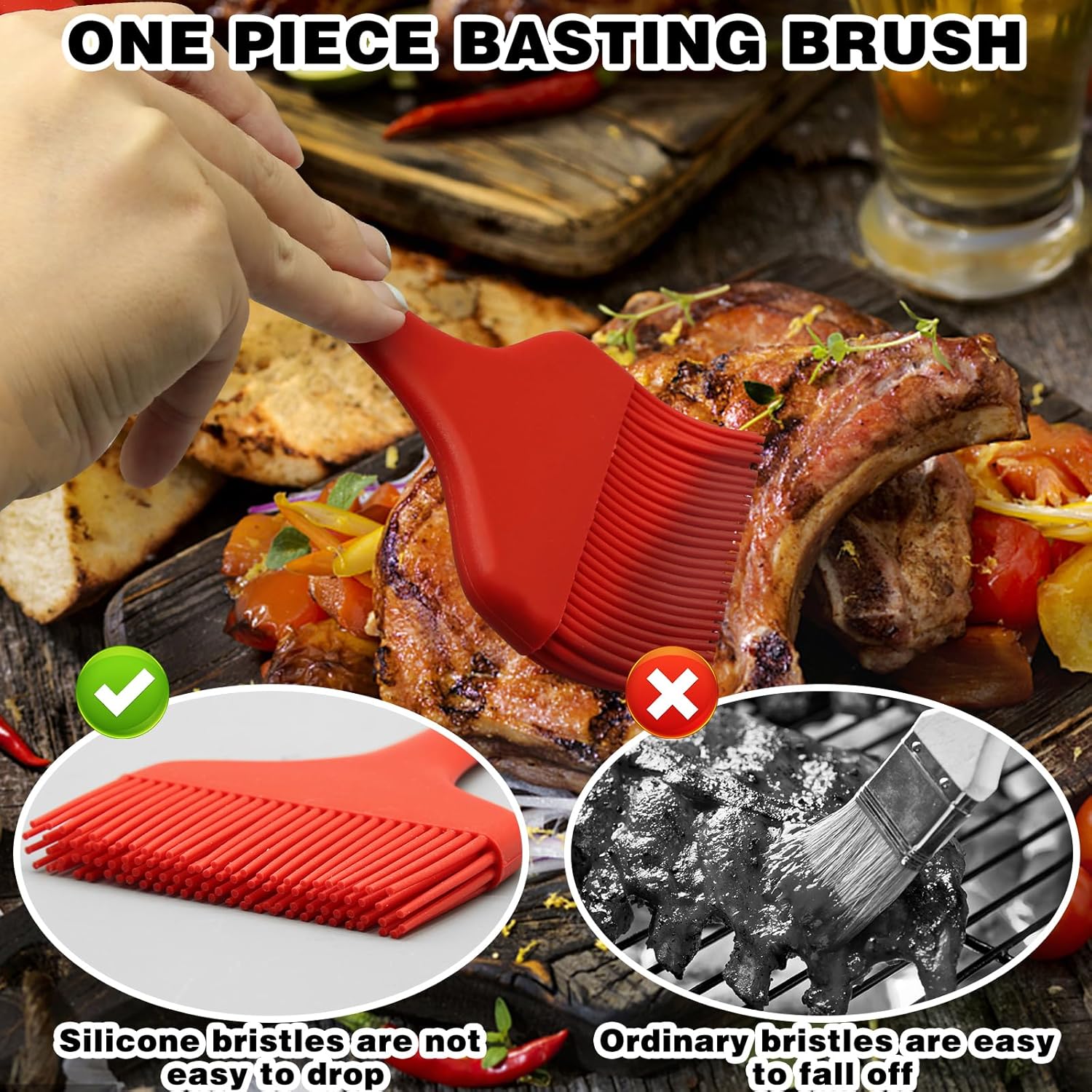 Silicone Basting Brush, Large BBQ Pastry Brush for Cooking, Extra Wide Basting Brush for Grilling Cooking Baking, Kitchen Brush Heat Resistant BBQ Food Brush for Sauce Butter Oil Marinades(Red) - Image 3