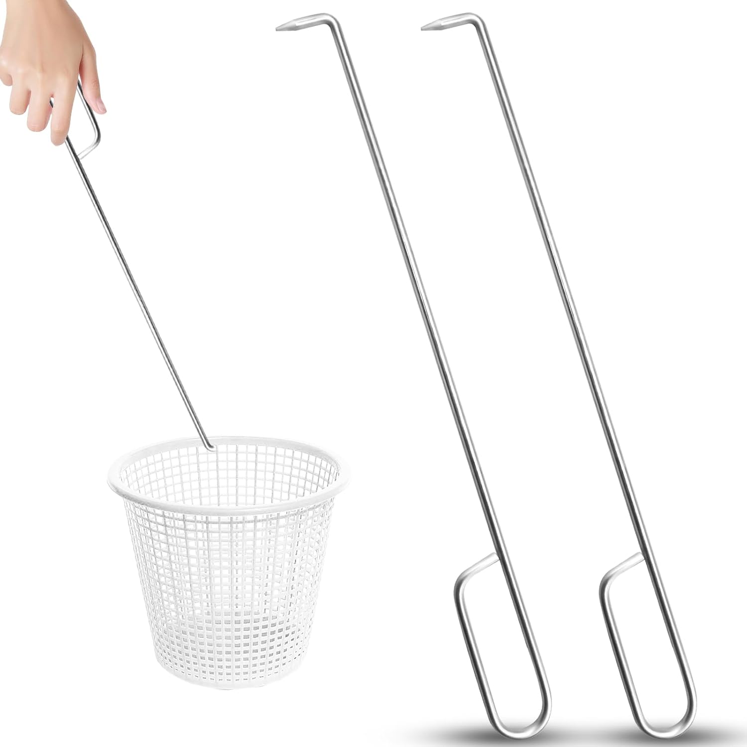 2Pcs Pool Skimmer Hook, Stainless Steel Skimmer Basket Handle Extended Knee Protection Pool Skimmer Basket Hook Tool for Cleaning Swimming Pool Debris Skimmer Basket Hook, Protect Hands Skimmer Hook - Image 1