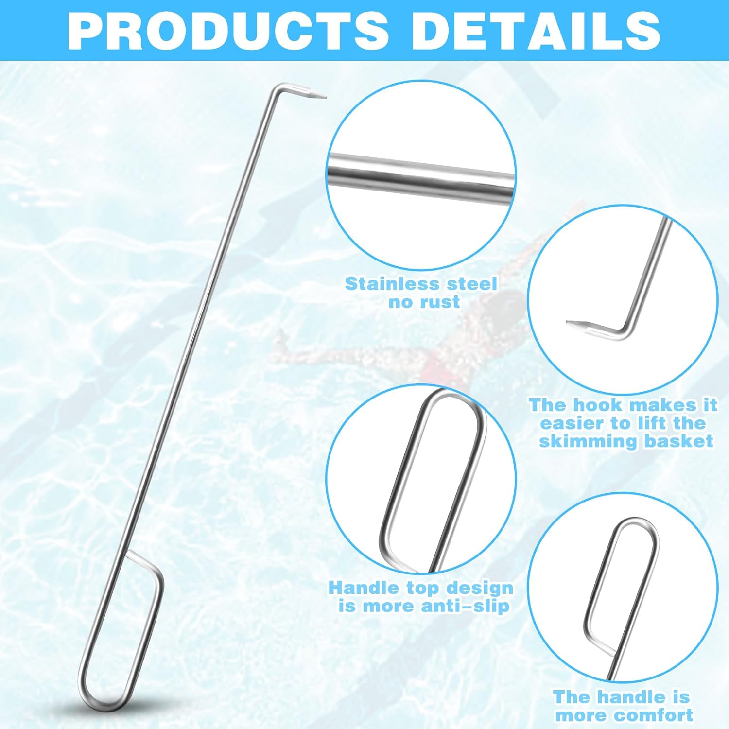 2Pcs Pool Skimmer Hook, Stainless Steel Skimmer Basket Handle Extended Knee Protection Pool Skimmer Basket Hook Tool for Cleaning Swimming Pool Debris Skimmer Basket Hook, Protect Hands Skimmer Hook - Image 3