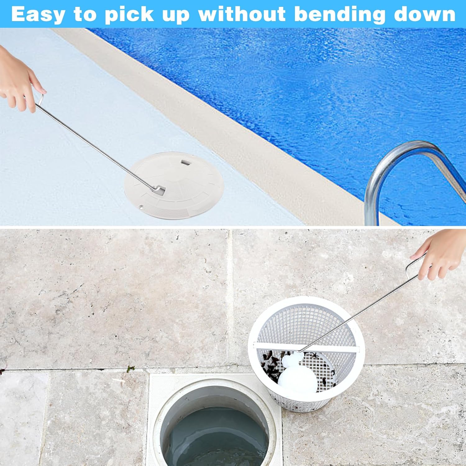 2Pcs Pool Skimmer Hook, Stainless Steel Skimmer Basket Handle Extended Knee Protection Pool Skimmer Basket Hook Tool for Cleaning Swimming Pool Debris Skimmer Basket Hook, Protect Hands Skimmer Hook - Image 4