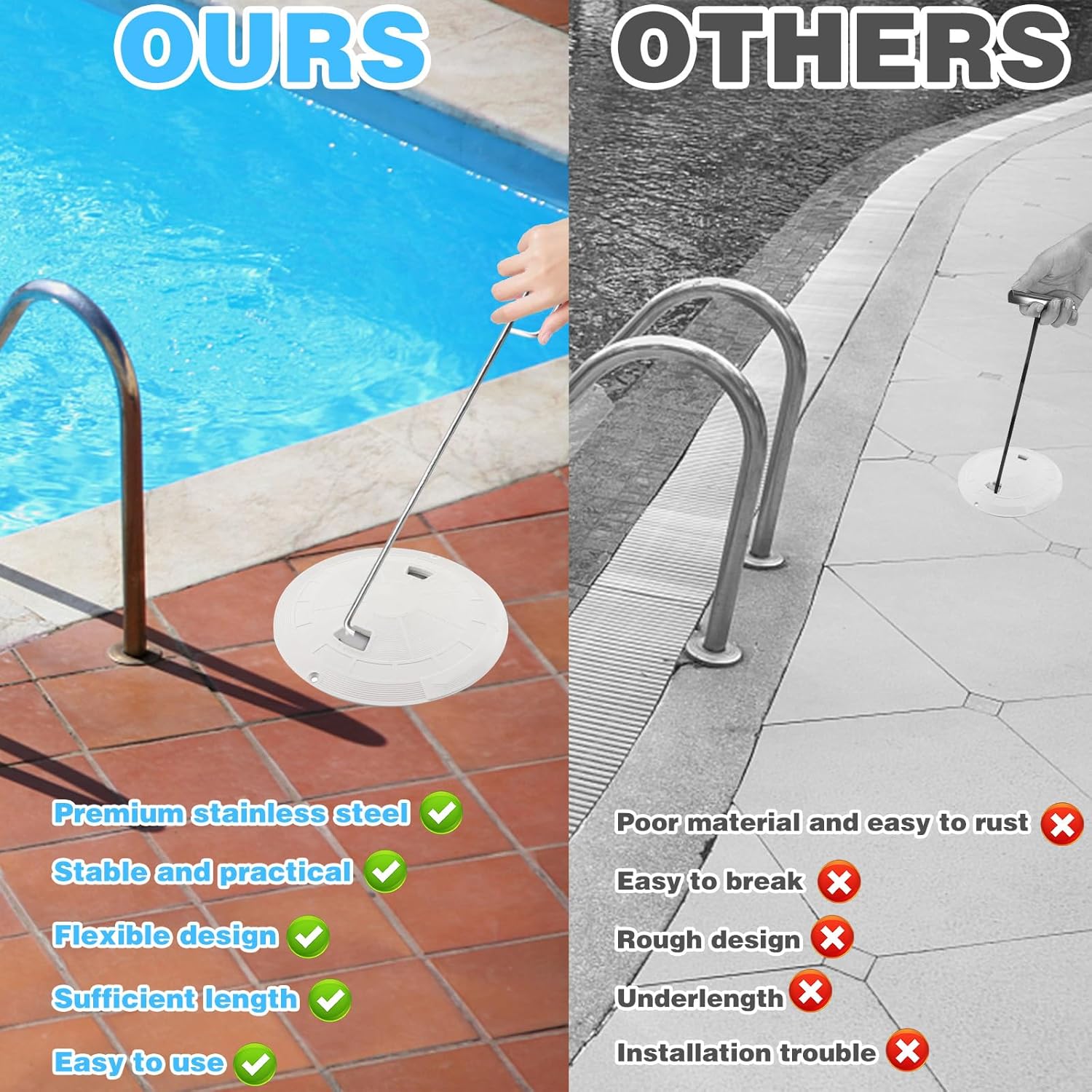 2Pcs Pool Skimmer Hook, Stainless Steel Skimmer Basket Handle Extended Knee Protection Pool Skimmer Basket Hook Tool for Cleaning Swimming Pool Debris Skimmer Basket Hook, Protect Hands Skimmer Hook - Image 5