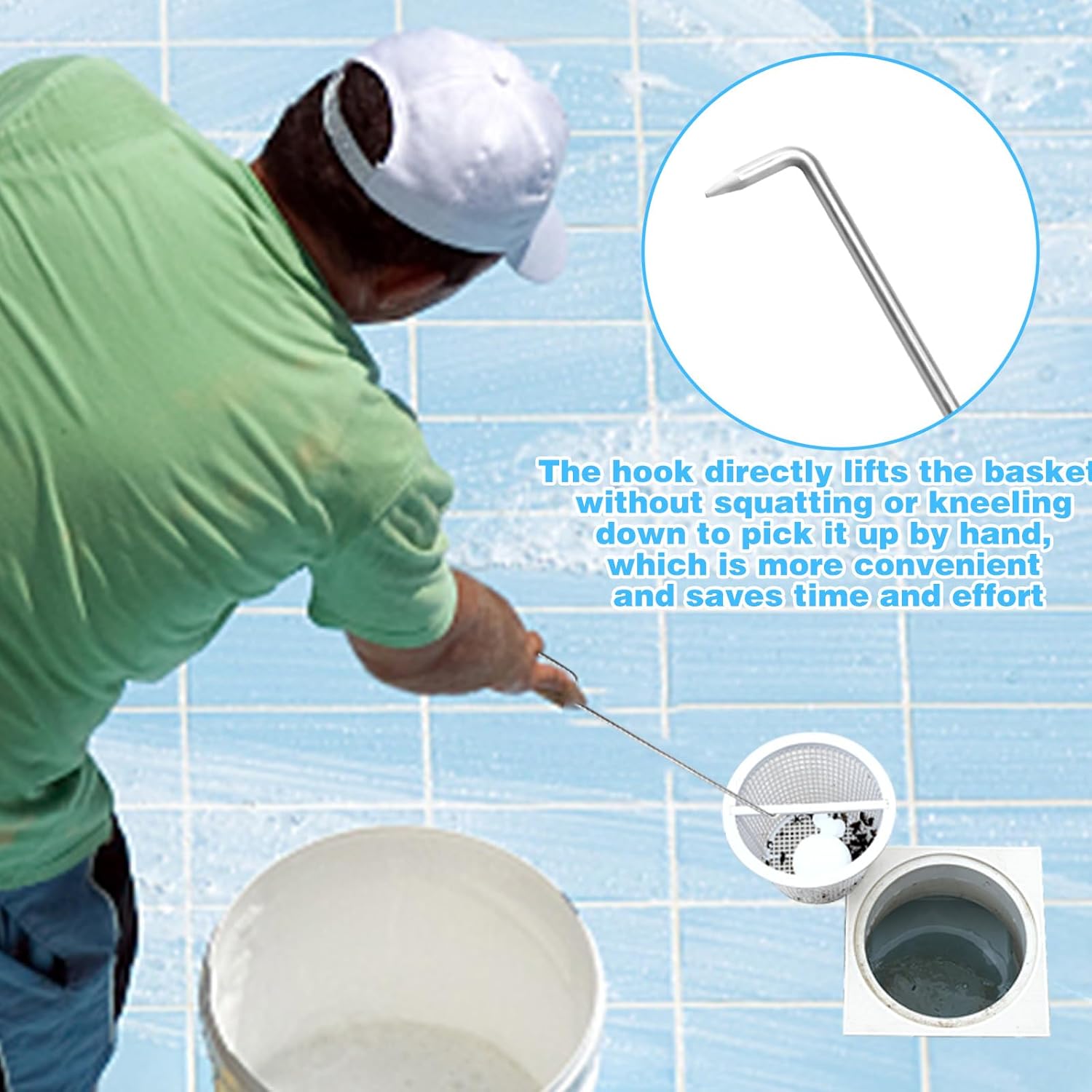 2Pcs Pool Skimmer Hook, Stainless Steel Skimmer Basket Handle Extended Knee Protection Pool Skimmer Basket Hook Tool for Cleaning Swimming Pool Debris Skimmer Basket Hook, Protect Hands Skimmer Hook - Image 6