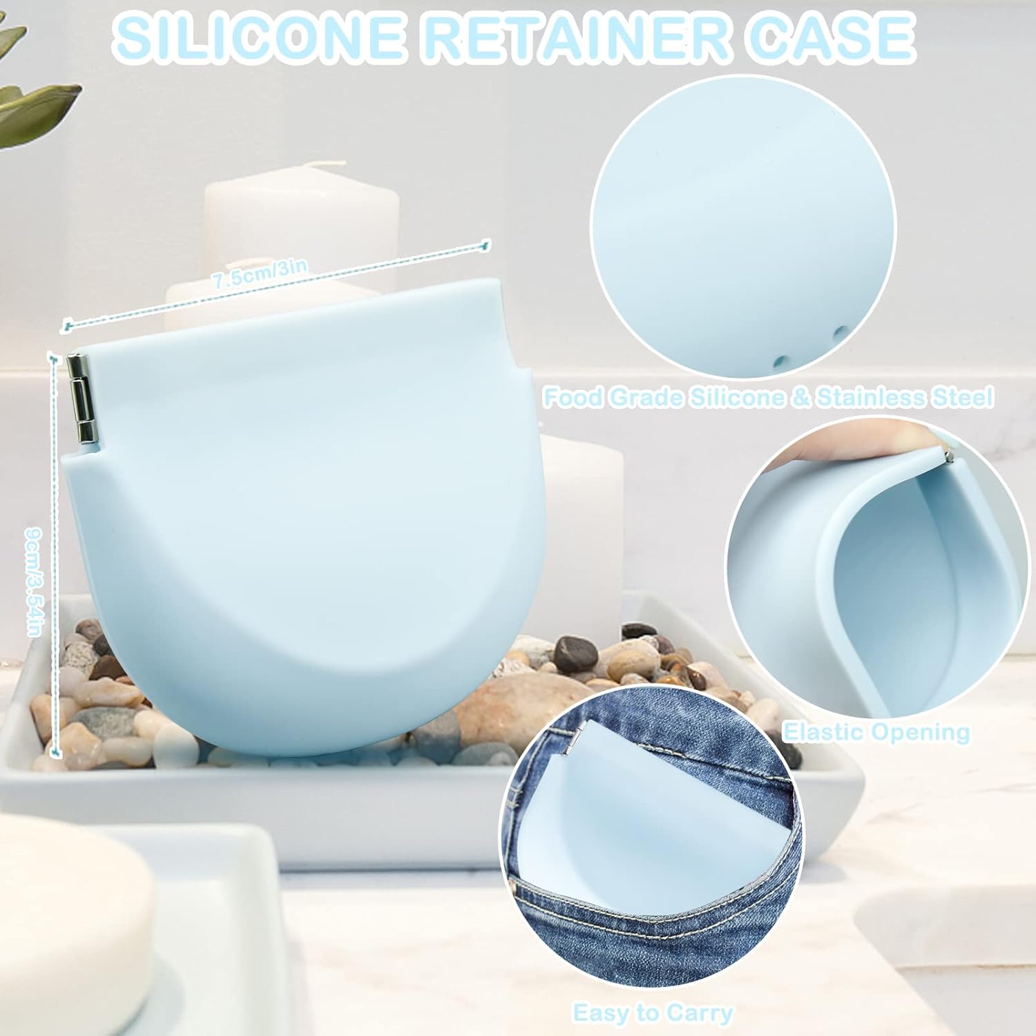 Silicone Retainer Case, Denture Case Retainer Holder with Vent Holes, Portable Retainer Cleaner Case for Women Men Kids Boys Girls, Mouth Guard Aligner Case Dental Retainer Container Case (Light Blue) - Image 2