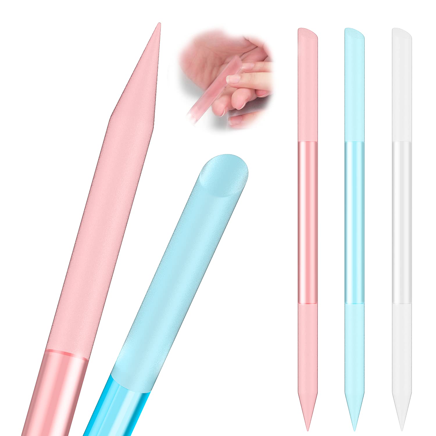 3 Pcs Glass Cuticle Pusher Nail File Cuticle Manicure Stick Remover Cuticle Tool Set Double Sided Crystal Glass with Grit Cuticle Care Stick for Women Girls Nail Salons Homes(Pink,Blue,Transparent) - Image 1