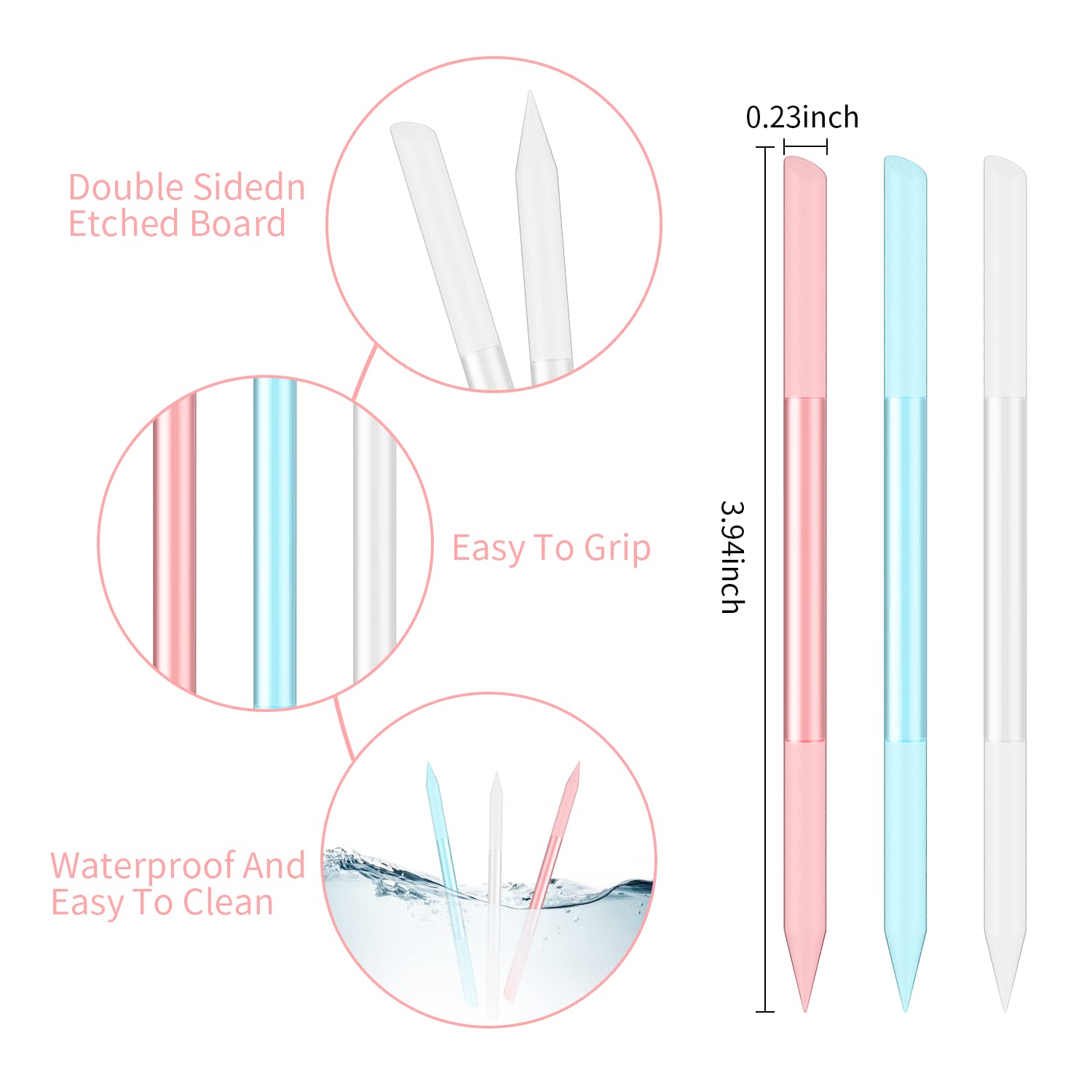3 Pcs Glass Cuticle Pusher Nail File Cuticle Manicure Stick Remover Cuticle Tool Set Double Sided Crystal Glass with Grit Cuticle Care Stick for Women Girls Nail Salons Homes(Pink,Blue,Transparent) - Image 2