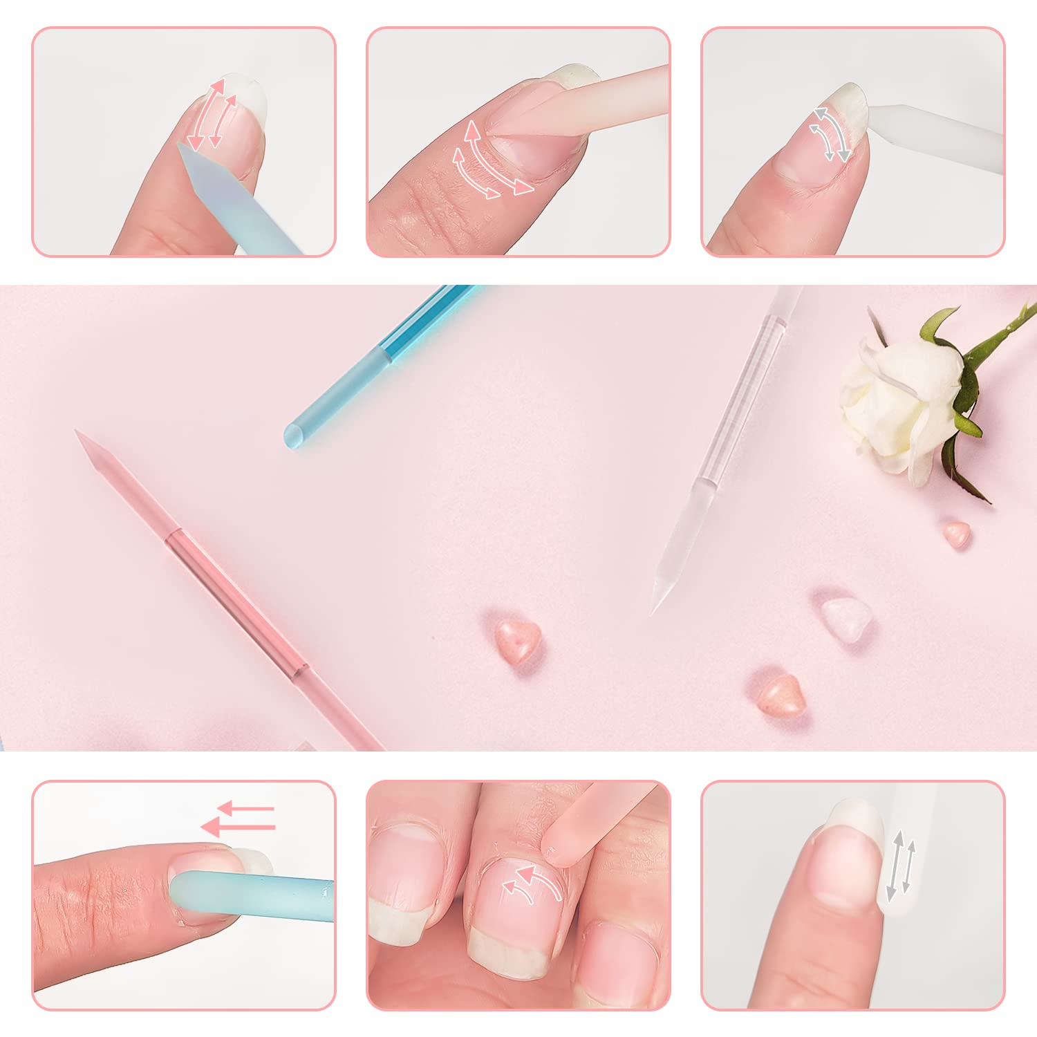 3 Pcs Glass Cuticle Pusher Nail File Cuticle Manicure Stick Remover Cuticle Tool Set Double Sided Crystal Glass with Grit Cuticle Care Stick for Women Girls Nail Salons Homes(Pink,Blue,Transparent) - Image 3