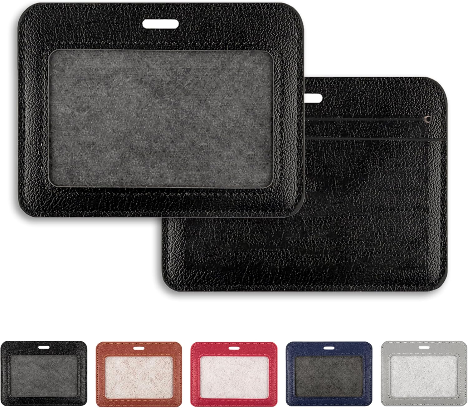 1 Pcs Leather ID Badge Holder - Horizontal, Black, Multiple Card Slots for Offices, Staff, Students, Employees - Image 1