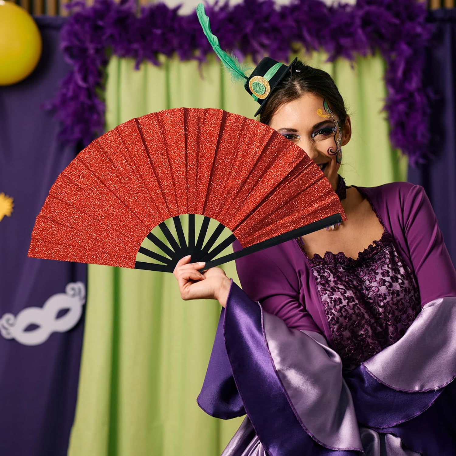 Line Dance Popping Fan,13 Inches Clacking Fans for Line Dancing,Boots on The Ground Hand Fan,Popping Fans for Line Dancing,Music Festivals,Carnival,Disco, Party (Red Glitter) - Image 6