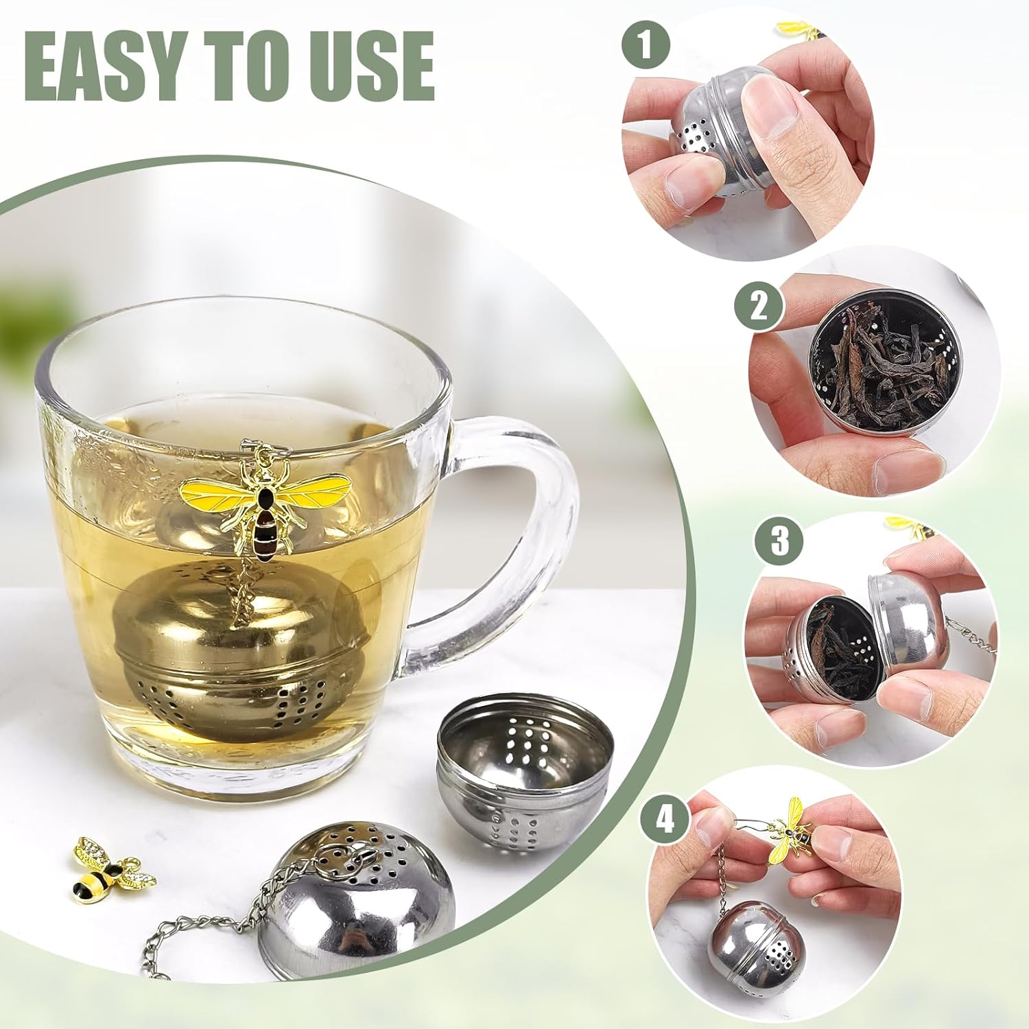 2Pcs Stainless Steel Mesh Tea Infuser, 2.1 inch Tea Infuser Ball with Cute Honey Bee Pendant,Tea Strainer Tea Diffuser Tea Steeper for Filtering Tea,Tea Infusers for Loose Tea - Image 3