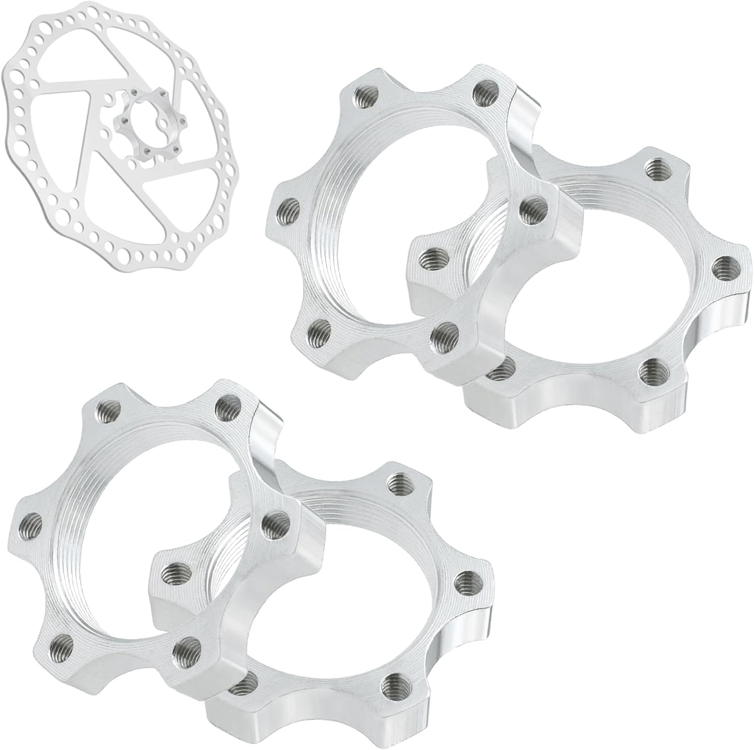 4 Pcs 44MM Bike Freewheel Threaded Hubs Disk Brake Adapter, 1.73-inch Aluminum Alloy 6-Bolt Disc Brake Rotor Flange Adapter, Silver - Image 1