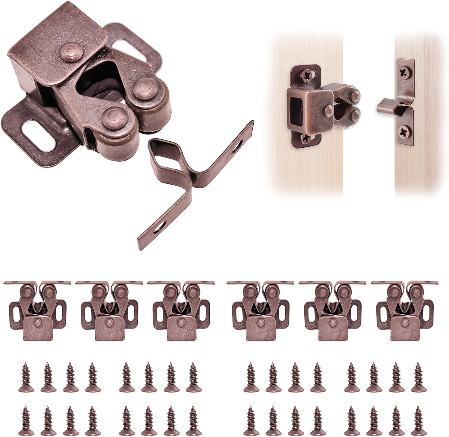 8 Pcs Cabinet Latch Double Roller Catch, Catch Hardware for Cupboard Closet Cabinet Door Latches and Catches, Cold Rolled Steel Cabinet Latches with Spear Strike, Red Bronze - Image 1