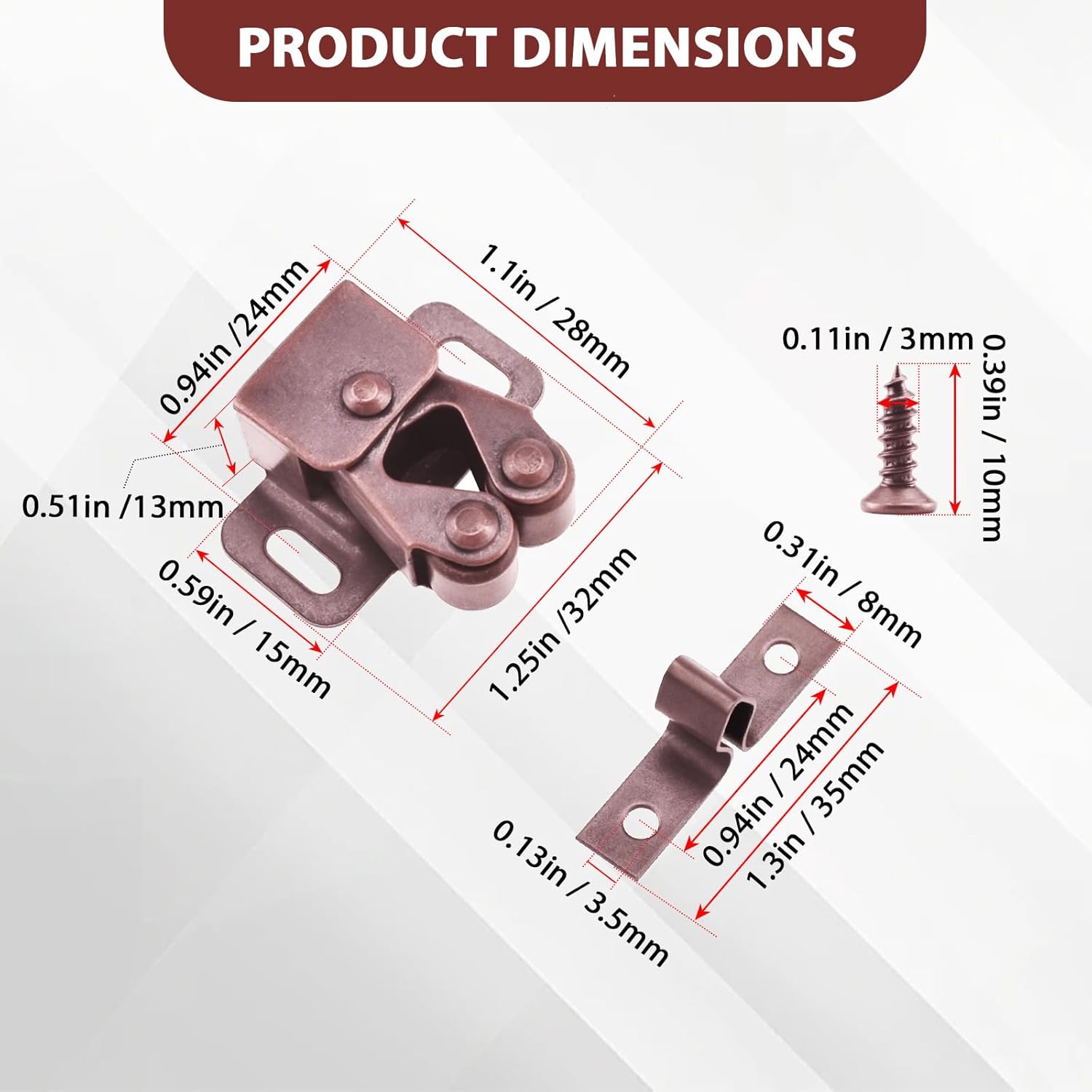 8 Pcs Cabinet Latch Double Roller Catch, Catch Hardware for Cupboard Closet Cabinet Door Latches and Catches, Cold Rolled Steel Cabinet Latches with Spear Strike, Red Bronze - Image 2