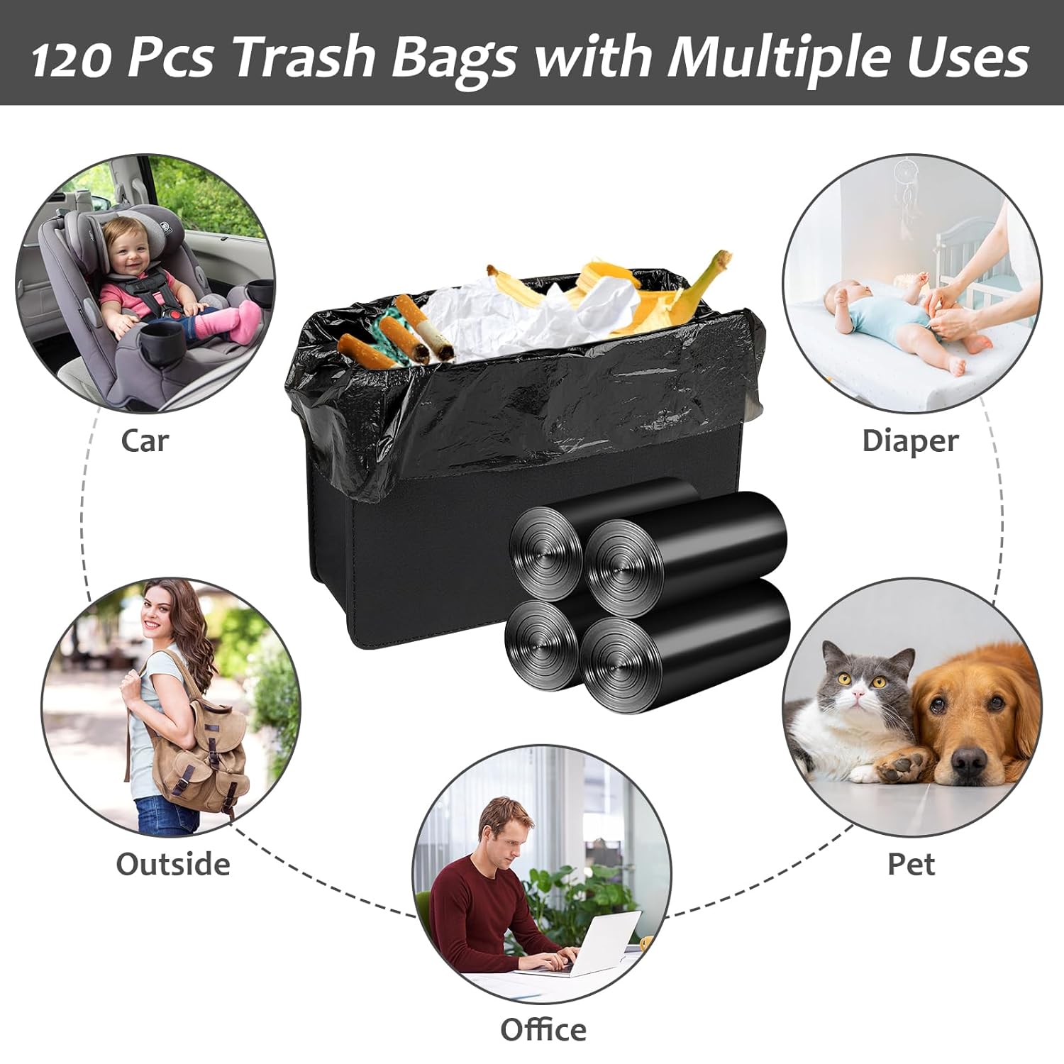 Mini Car Trash Can Bags for Auto Trash Bin, 120 Count Small Garbage Bags Organizer Tear-Resistant, Liner Refills (Vehicle Trash Can is not Included), Black - Image 7