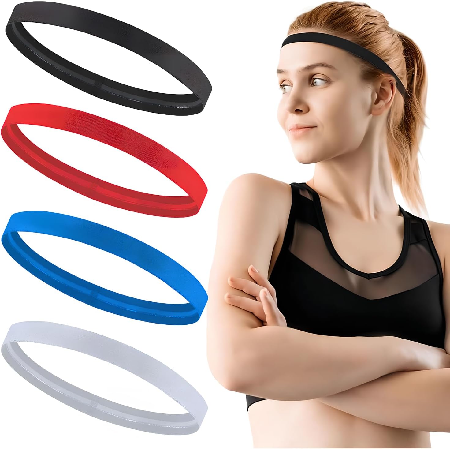 4 Pack Sports Headbands for Women Elastic Non-Slip Absorb Sweat 4 Colors - Image 1