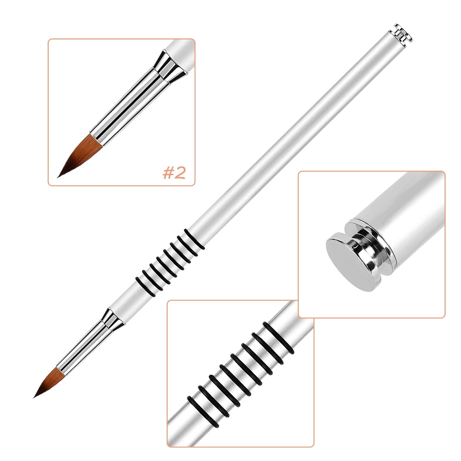 3D Nail Art Brush for Acrylic Powder, Kolinsky Acrylic Nail Brush, Silver Metal with Non-Slip Handle (Size # 2) - Image 2