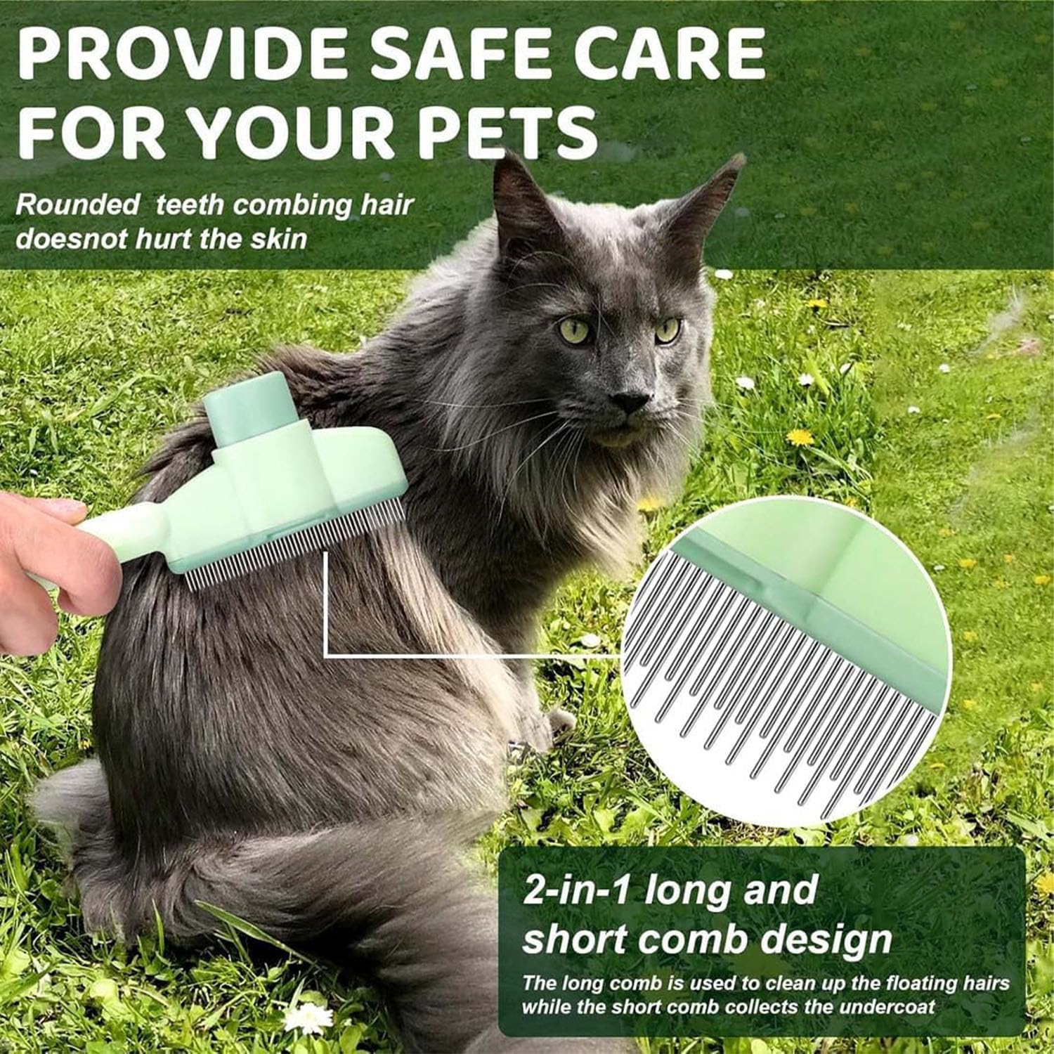 Pet Comb for Cats,Pet Hair Removal Comb Flea Comb with Release Button (Green) - Image 2