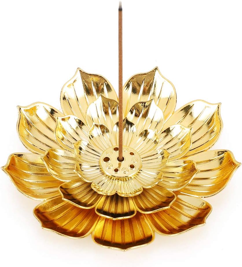 Zinc Alloy Incense Holder, Lotus Stick Incense Burner, Incense Holder for Stick/Coil/Cone Incense with Ash Catcher, Gold - Image 1