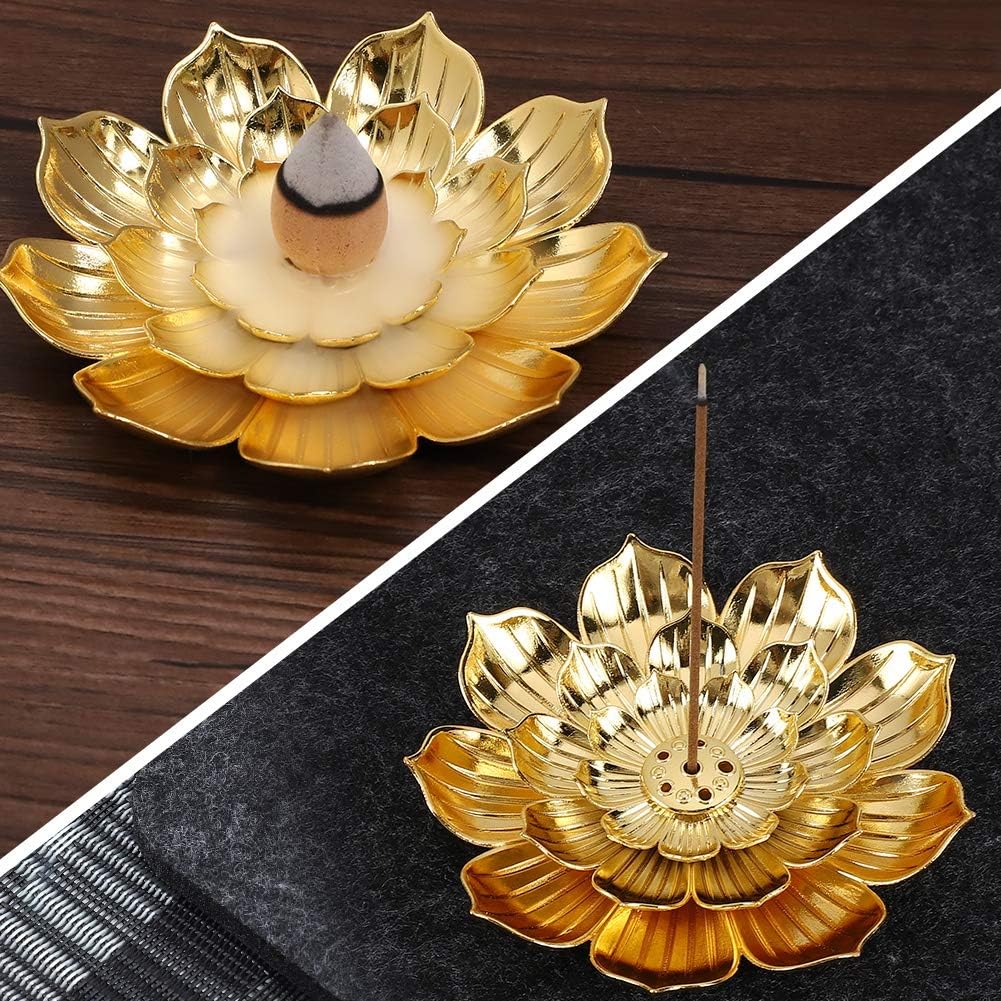 Zinc Alloy Incense Holder, Lotus Stick Incense Burner, Incense Holder for Stick/Coil/Cone Incense with Ash Catcher, Gold - Image 2