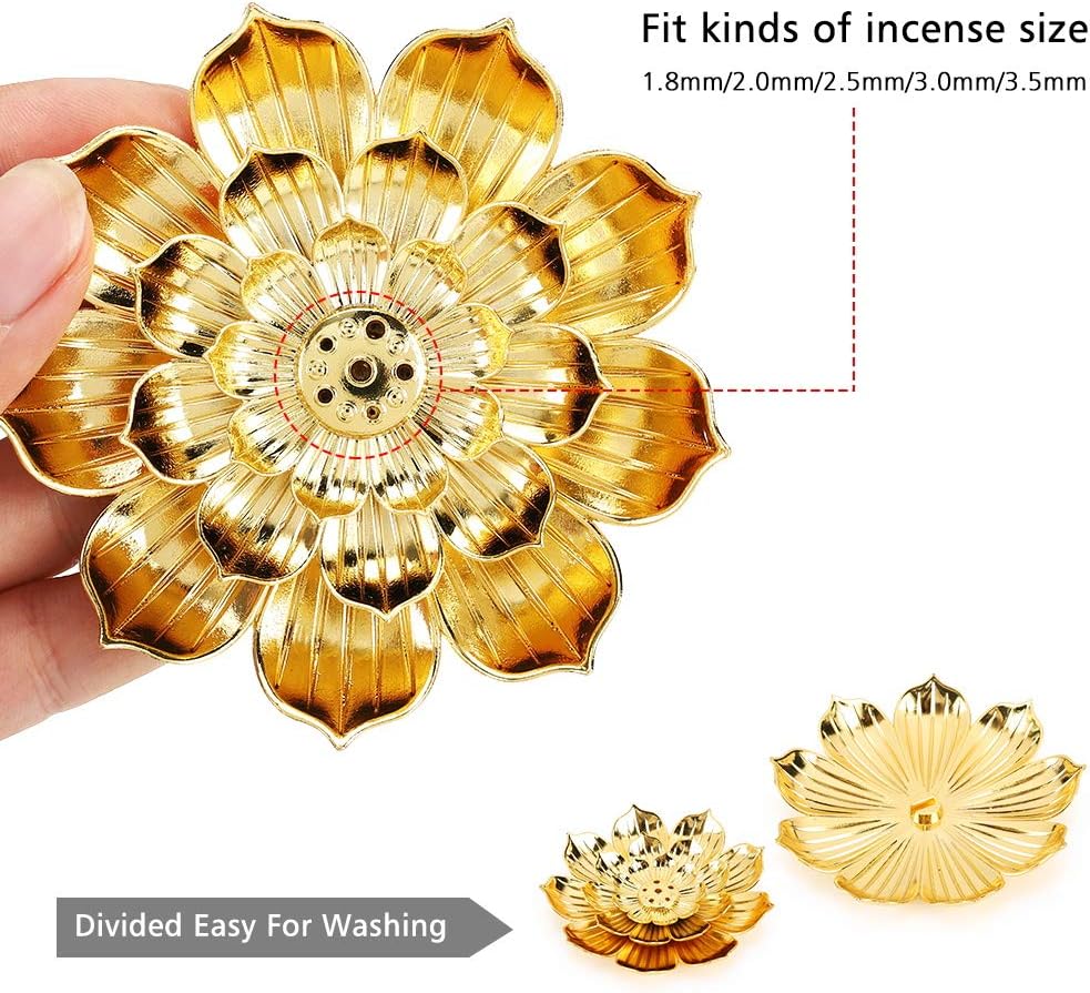 Zinc Alloy Incense Holder, Lotus Stick Incense Burner, Incense Holder for Stick/Coil/Cone Incense with Ash Catcher, Gold - Image 3