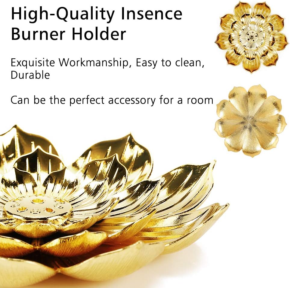 Zinc Alloy Incense Holder, Lotus Stick Incense Burner, Incense Holder for Stick/Coil/Cone Incense with Ash Catcher, Gold - Image 4