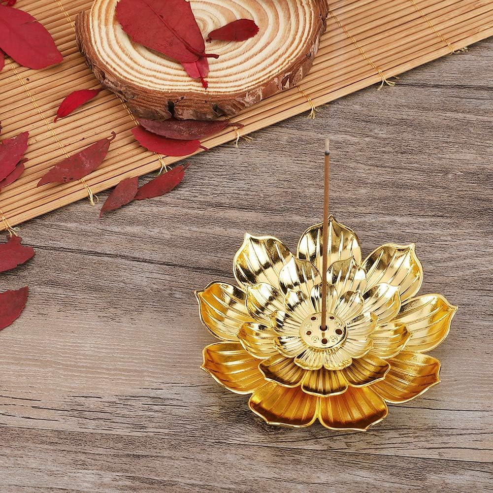 Zinc Alloy Incense Holder, Lotus Stick Incense Burner, Incense Holder for Stick/Coil/Cone Incense with Ash Catcher, Gold - Image 5