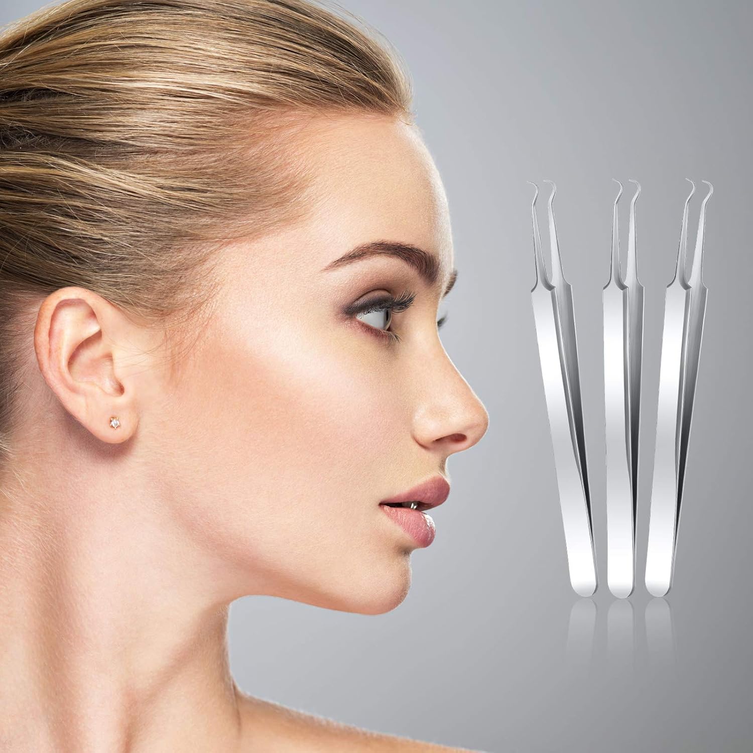 3 Pcs Blackhead Tweezer Stainless Steel Pimple Tweezers Extractor Tool for Remove Zit Whitehead Pimple Bend Curved Tweezer Skin Blackhead Remover Tools(Silver) - Image 7