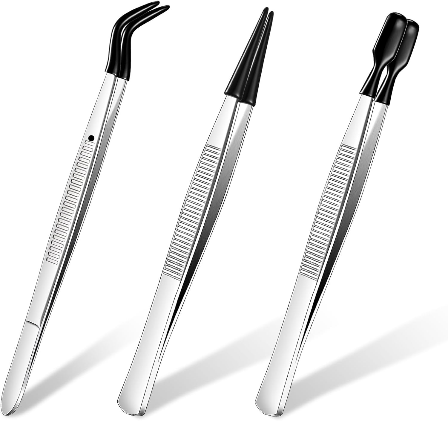 3 Pieces Tweezers with Rubber Tips PVC Coated Set Rubber Straight Flat Tip Long Bent Tweezers for Crafts Stamps Beads Jewelry Tools(Black) - Image 1