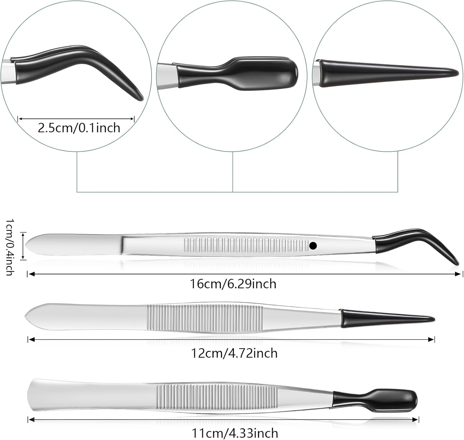 3 Pieces Tweezers with Rubber Tips PVC Coated Set Rubber Straight Flat Tip Long Bent Tweezers for Crafts Stamps Beads Jewelry Tools(Black) - Image 3