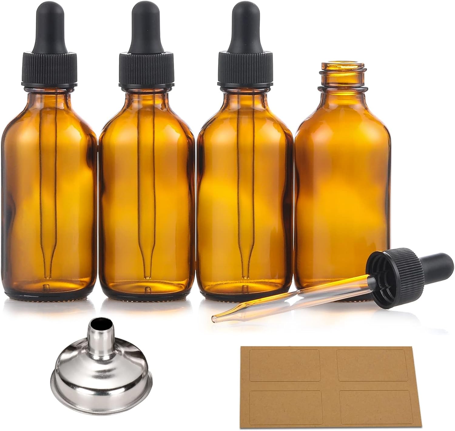 4 Pack, 2 oz Bottles with Dropper & 1 Funnel & 4 Labels - Essential Oils Bottles for Health, Personal Care & Beauty - 60ml Thick Dark Amber Glass Tincture Bottles, Refillable Cosmetic Containers - Image 1
