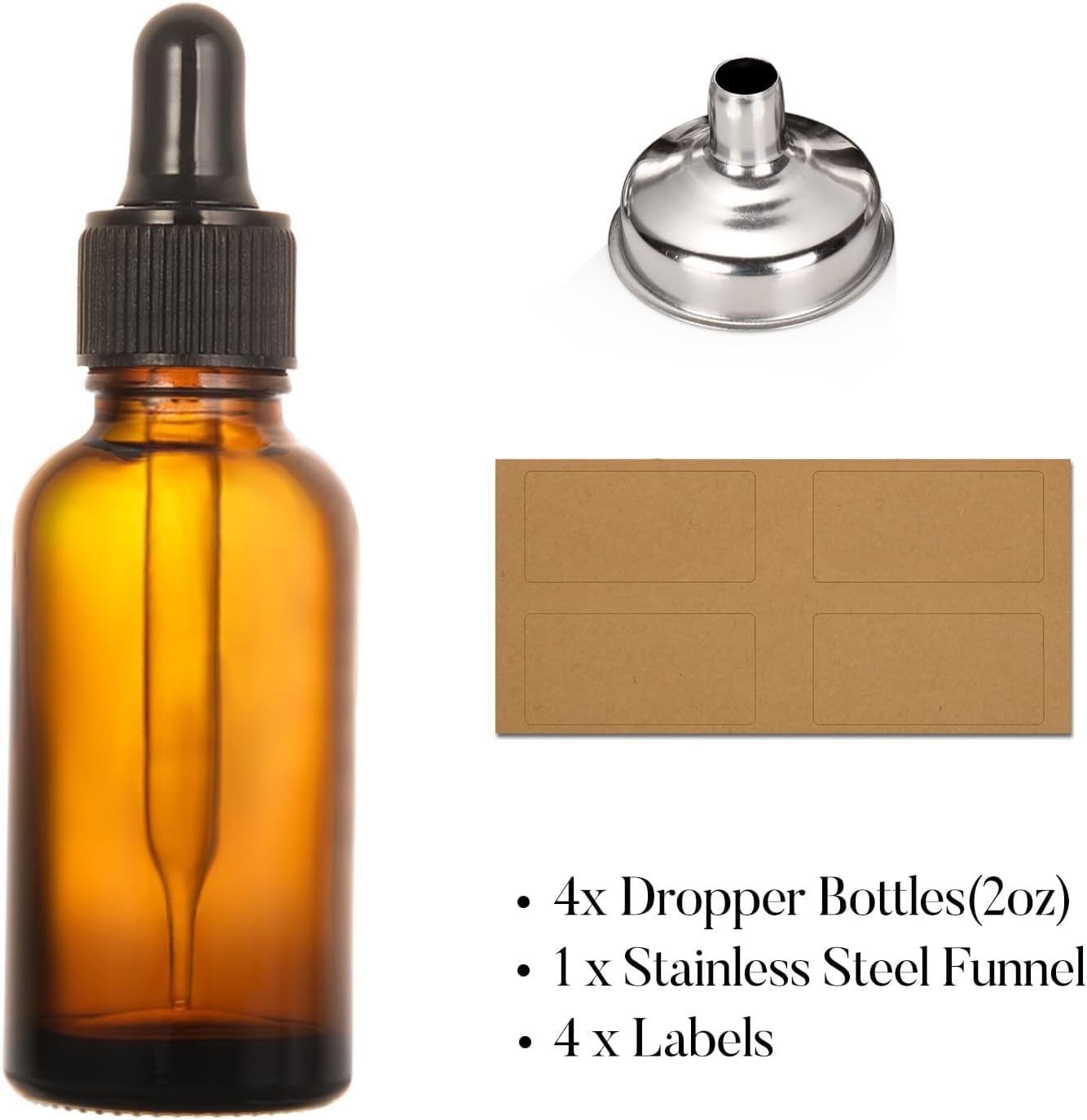 4 Pack, 2 oz Bottles with Dropper & 1 Funnel & 4 Labels - Essential Oils Bottles for Health, Personal Care & Beauty - 60ml Thick Dark Amber Glass Tincture Bottles, Refillable Cosmetic Containers - Image 3