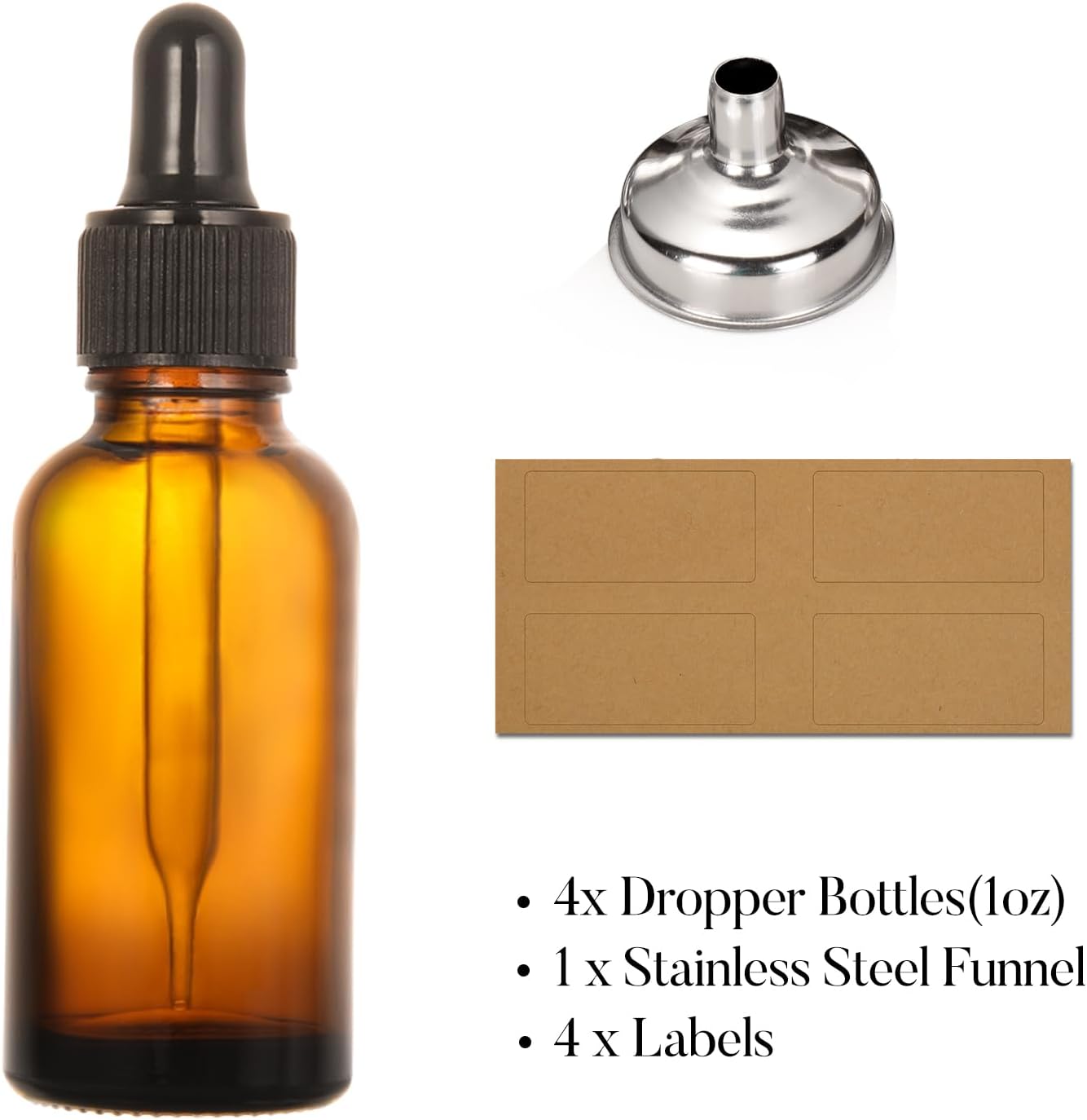 4 Pack, 1 oz Thick Dark Amber Glass Dropper Bottles with 1 Funnels & 4 Labels - 30ml Tincture Bottles with Eye Dropper - Leakproof Essential Oils Bottle - Storage and Travel for Beauty or Health - Image 3
