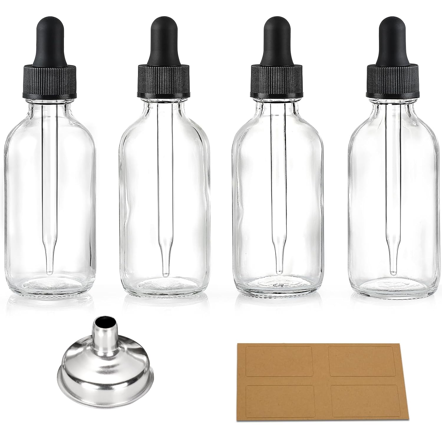 4 Pcs, 2 oz Clear Eye Dropper Bottles with 1 Stainless Steel Funnels & 4 Labels - Black Caps 60ml Thick Glass Tincture Bottles - Leakproof Essential Oils Bottles for Health, Personal Care & Beauty - Image 1