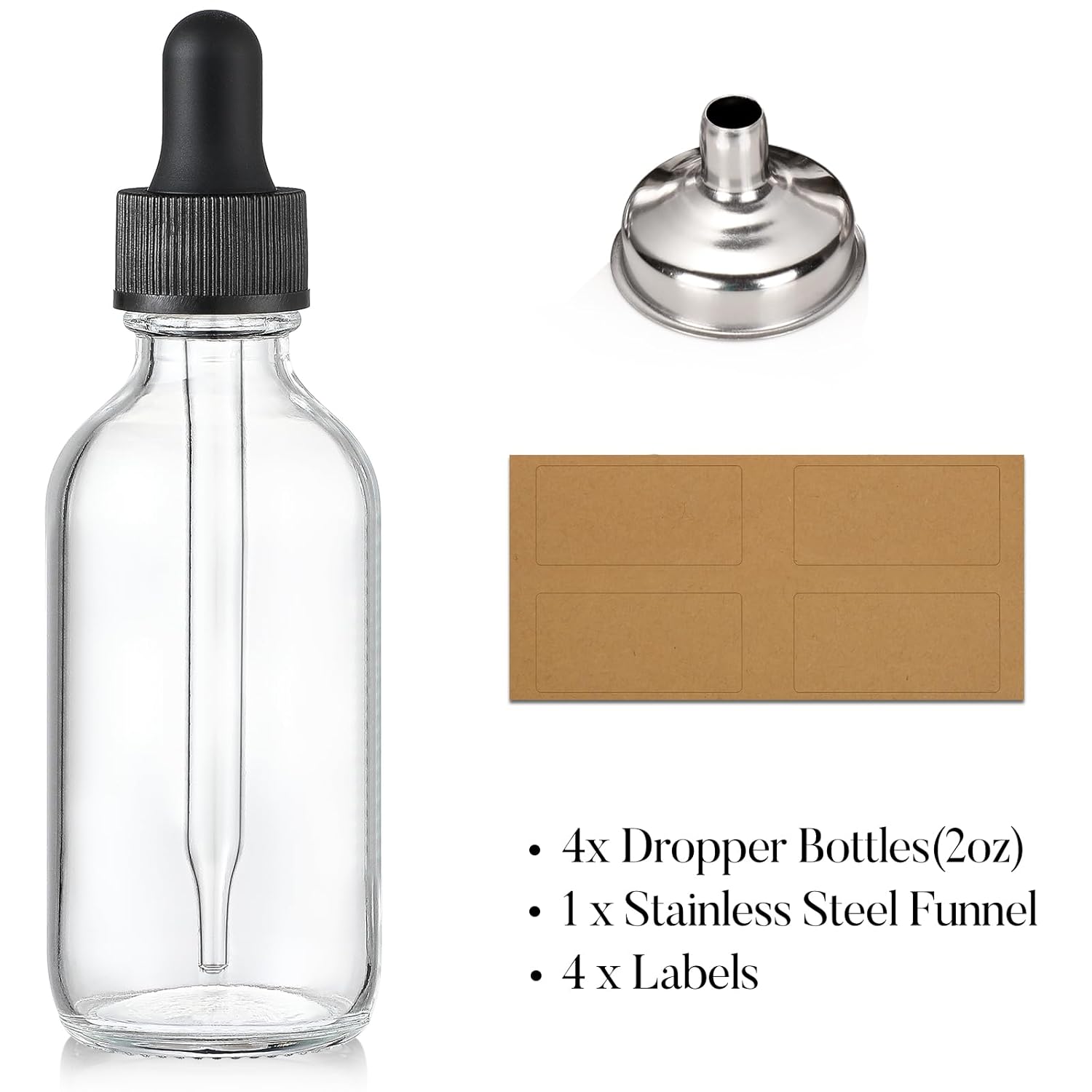 4 Pcs, 2 oz Clear Eye Dropper Bottles with 1 Stainless Steel Funnels & 4 Labels - Black Caps 60ml Thick Glass Tincture Bottles - Leakproof Essential Oils Bottles for Health, Personal Care & Beauty - Image 2