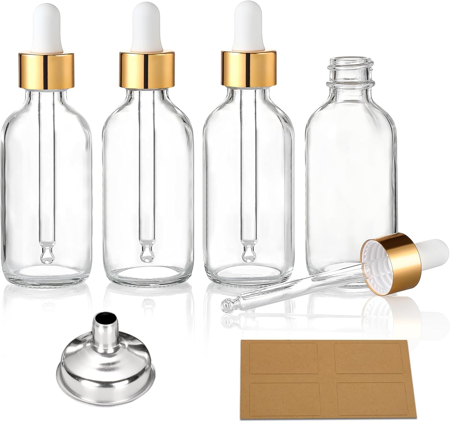 4 Pcs, 1 oz Golden Cap Clear Dropper Bottles (30ml) with 1 Funnel & 4 Labels - Glass Tincture Bottles with Eye Droppers - Leakproof Essential Oil Bottles for Health, Personal Care & Beauty - Image 1