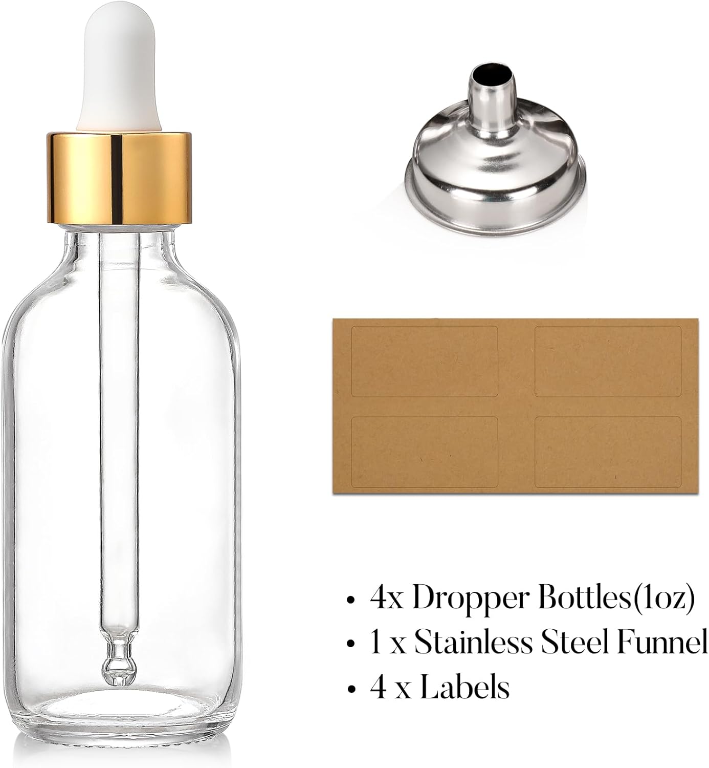 4 Pcs, 1 oz Golden Cap Clear Dropper Bottles (30ml) with 1 Funnel & 4 Labels - Glass Tincture Bottles with Eye Droppers - Leakproof Essential Oil Bottles for Health, Personal Care & Beauty - Image 2