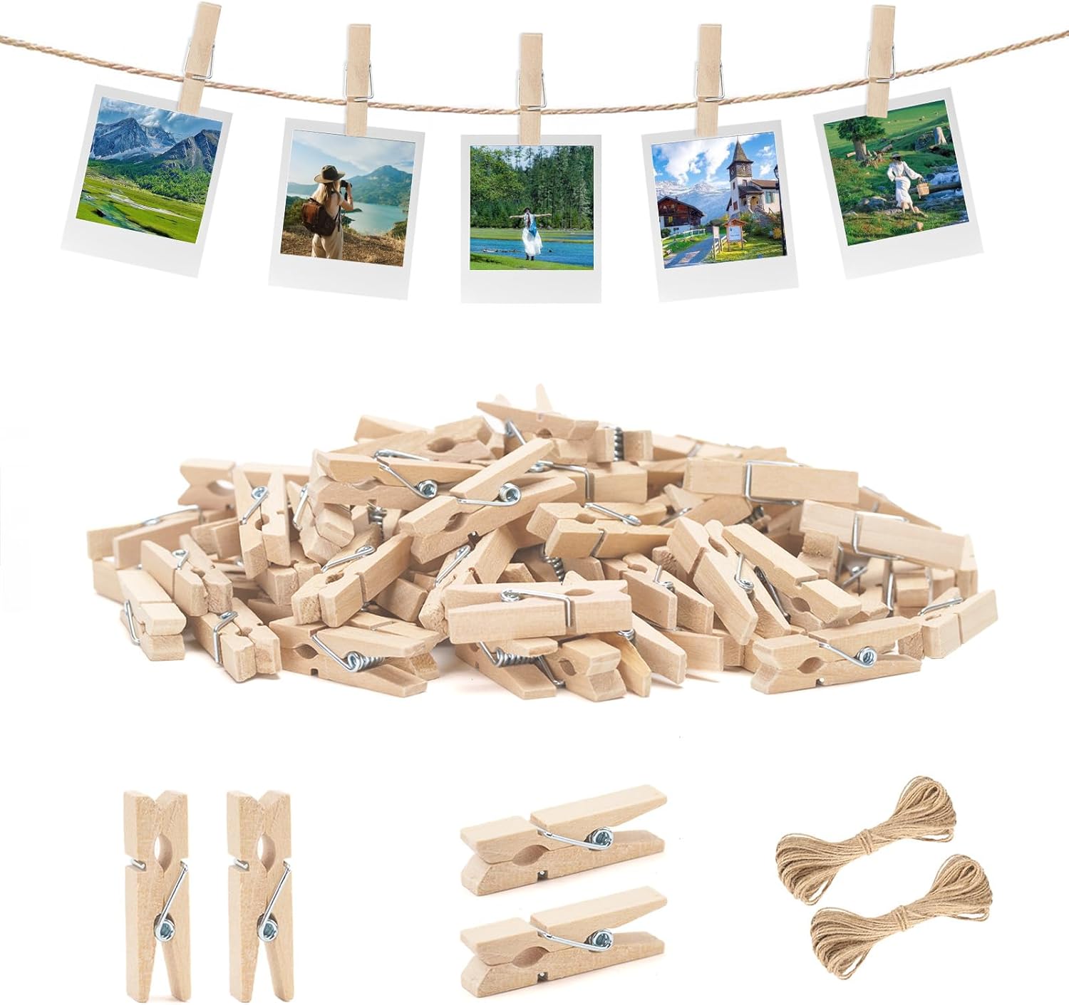 Mini Clothespins with String - 100Pcs Small Wooden Clothes Pins, Natural Brown Photo Hanging Clips, Craft Clips for Picture, Cocktails Decor, Baby Shower, Wedding - Image 1