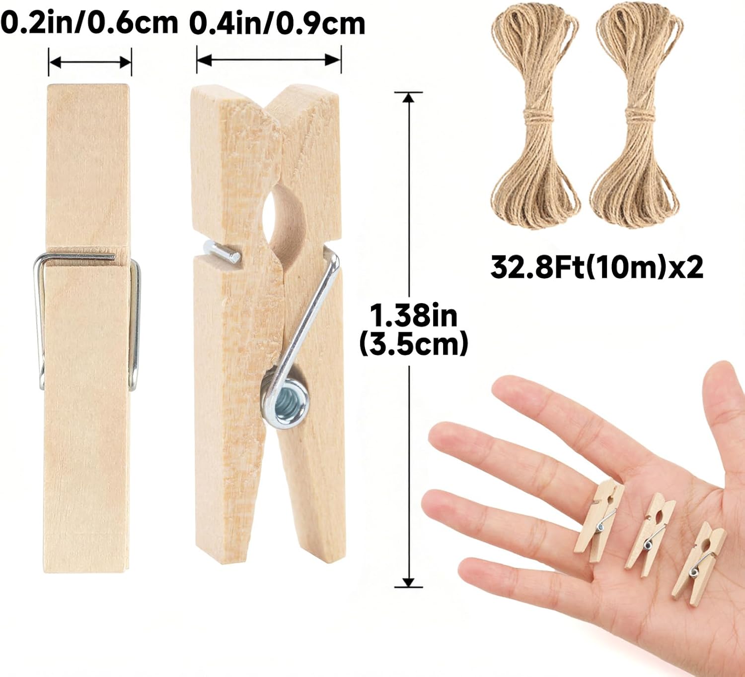 Mini Clothespins with String - 100Pcs Small Wooden Clothes Pins, Natural Brown Photo Hanging Clips, Craft Clips for Picture, Cocktails Decor, Baby Shower, Wedding - Image 2