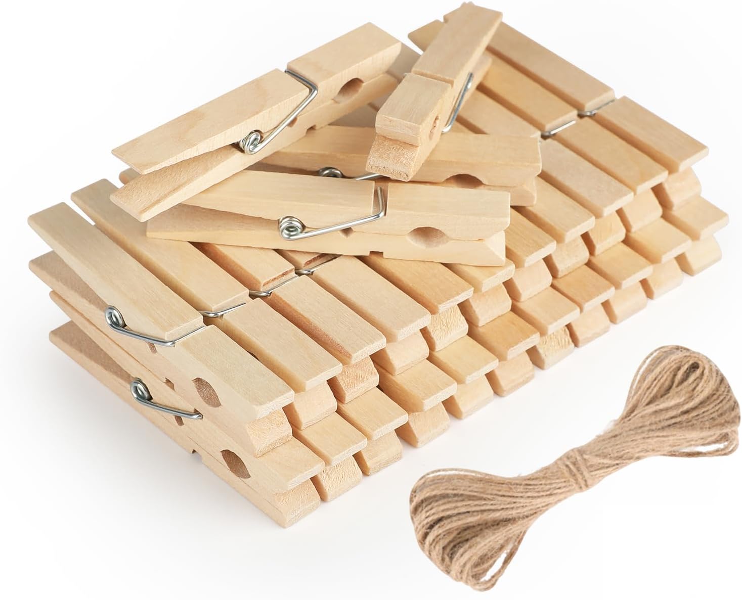 Wooden Clips with String, 50Pcs 2.9Inch Large Clothes Pins, Natural Brown Photo Hanging Clip, Wooden Decoration Clips for DIY Crafts, Storage Bags, Cheer Pins, Hanging Clothes - Image 1