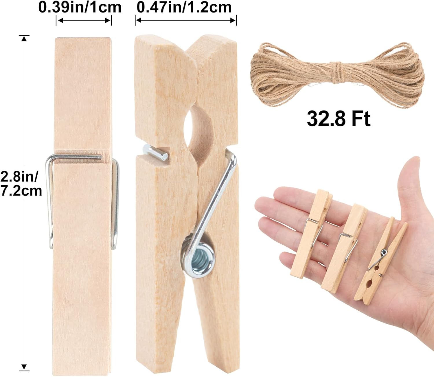 Wooden Clips with String, 50Pcs 2.9Inch Large Clothes Pins, Natural Brown Photo Hanging Clip, Wooden Decoration Clips for DIY Crafts, Storage Bags, Cheer Pins, Hanging Clothes - Image 2