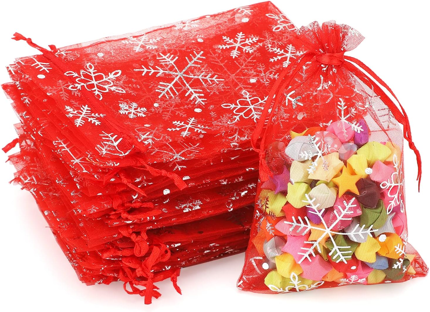 4x6 Inch Christmas Organza Bags - 50Pcs Red Snowflake Gift Bags with Drawstring, Xmas Party Favor Sheer Mesh Pouches for Winter Gift, Candy, Jewelry Bag - Image 1
