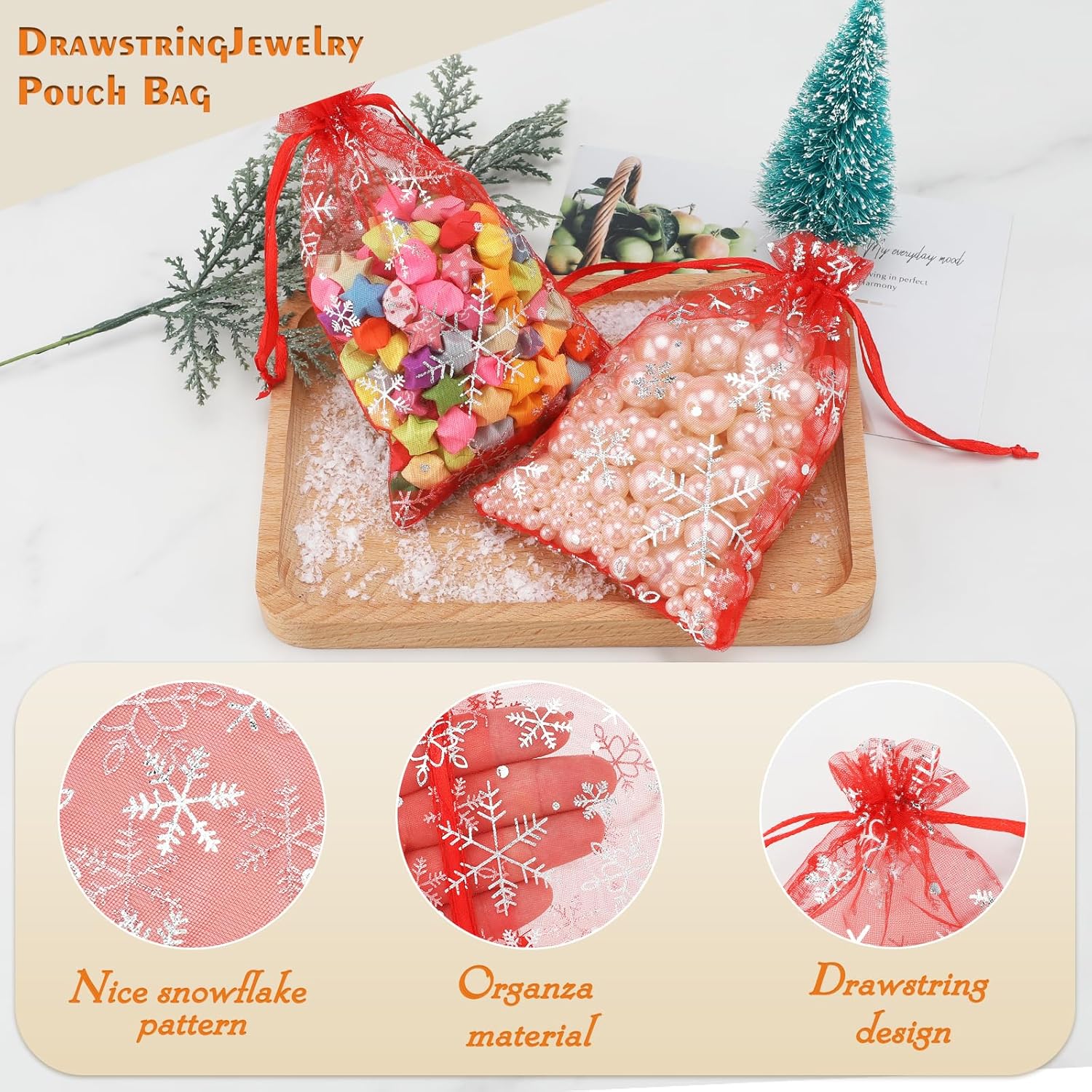 4x6 Inch Christmas Organza Bags - 50Pcs Red Snowflake Gift Bags with Drawstring, Xmas Party Favor Sheer Mesh Pouches for Winter Gift, Candy, Jewelry Bag - Image 3