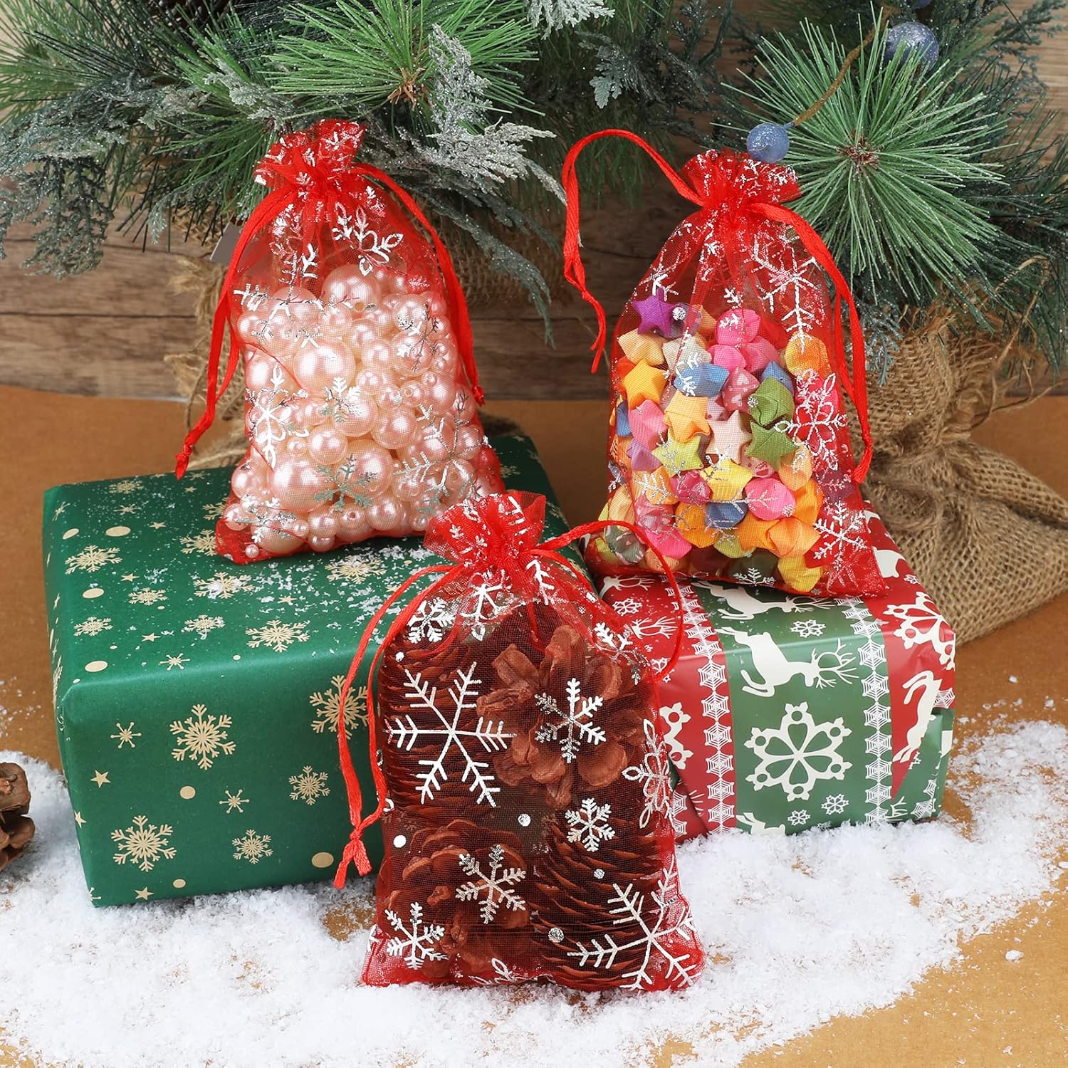 4x6 Inch Christmas Organza Bags - 50Pcs Red Snowflake Gift Bags with Drawstring, Xmas Party Favor Sheer Mesh Pouches for Winter Gift, Candy, Jewelry Bag - Image 5
