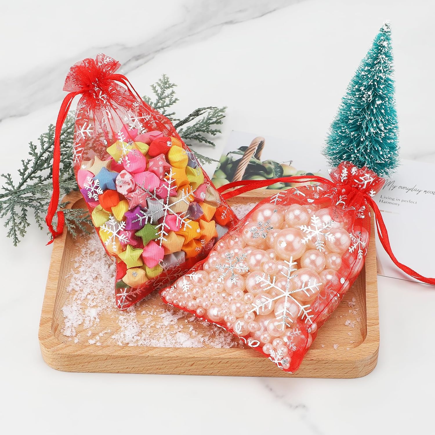 4x6 Inch Christmas Organza Bags - 50Pcs Red Snowflake Gift Bags with Drawstring, Xmas Party Favor Sheer Mesh Pouches for Winter Gift, Candy, Jewelry Bag - Image 6