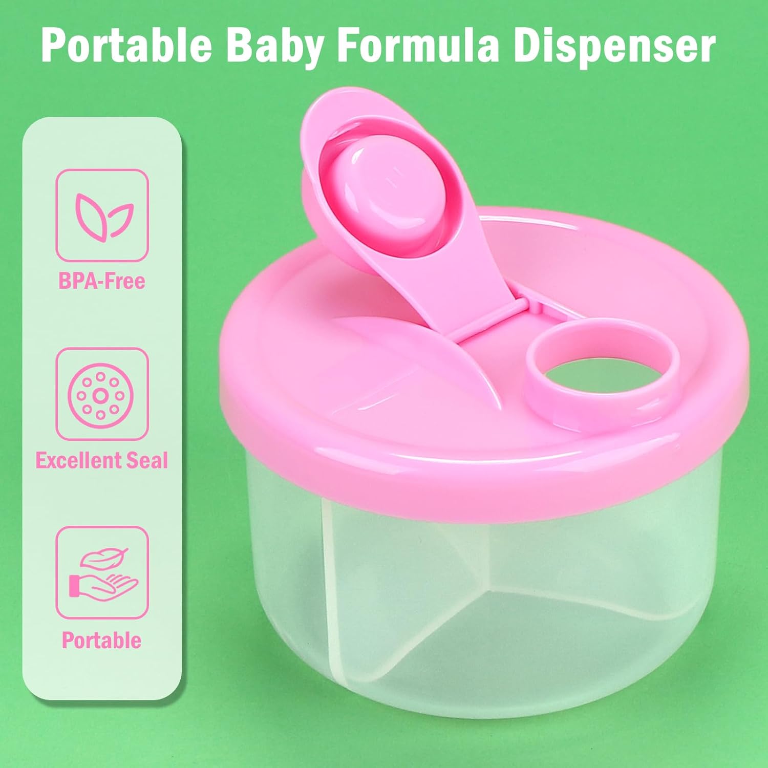Baby Formula Dispenser On The Go, Non-Spill Rotating Three-Compartment Formula Container to Go, Milk Powder Kids Snack Container for Infant Toddler Travel, Pink - Image 2