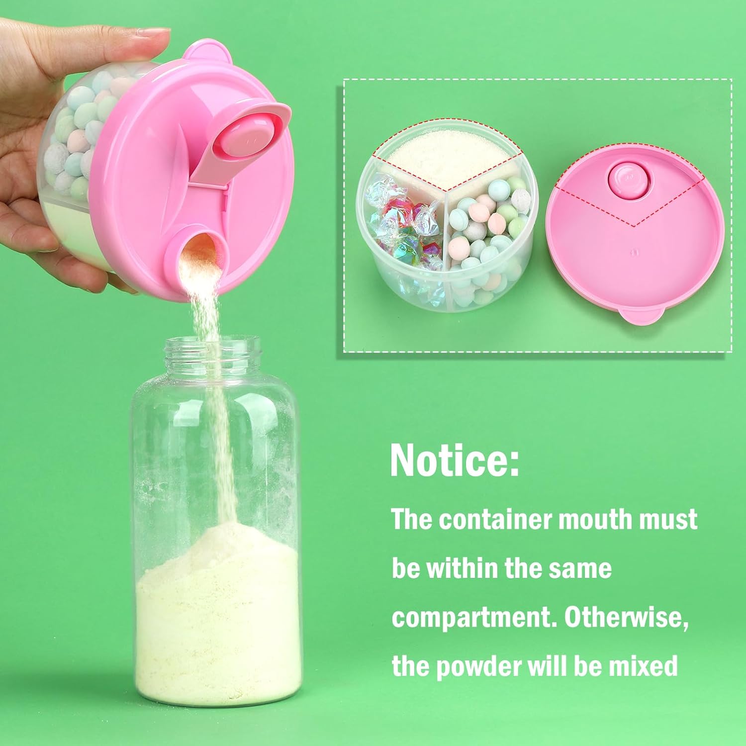 Baby Formula Dispenser On The Go, Non-Spill Rotating Three-Compartment Formula Container to Go, Milk Powder Kids Snack Container for Infant Toddler Travel, Pink - Image 6